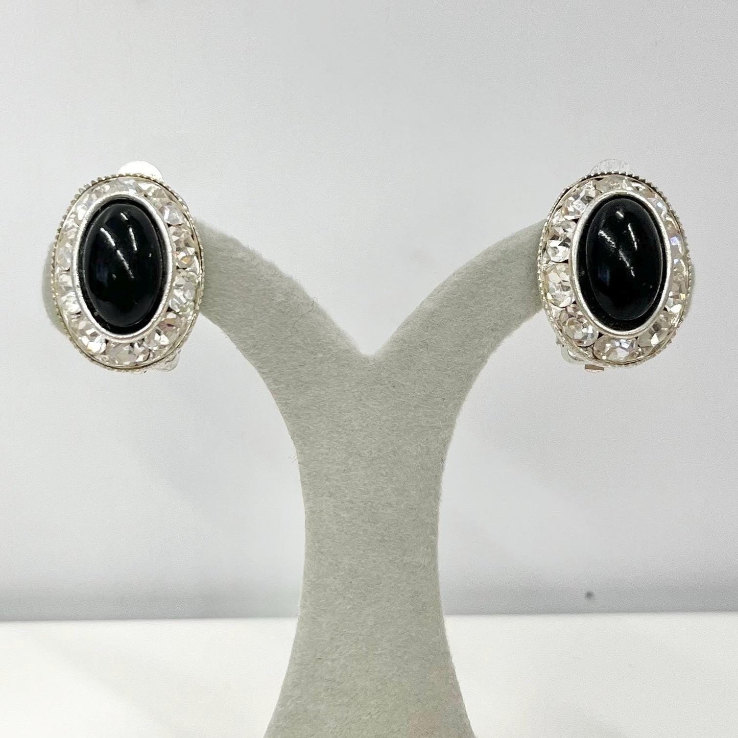 Vintage Silver Tone Black Glass Cabochon Clip On Earrings with a Clear Crystal Halo 1970’s - 1980’s TheGreenGlassGemShop