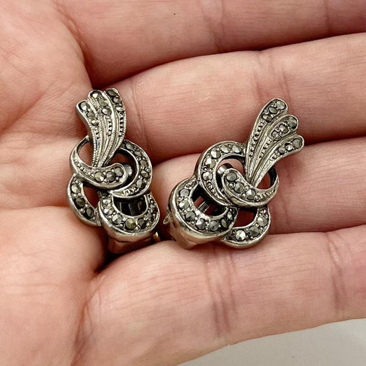 Vintage Silver Tone Marcasite Knot Earrings Clip On Earrings for Non Pierced Ears TheGreenGlassGemShop