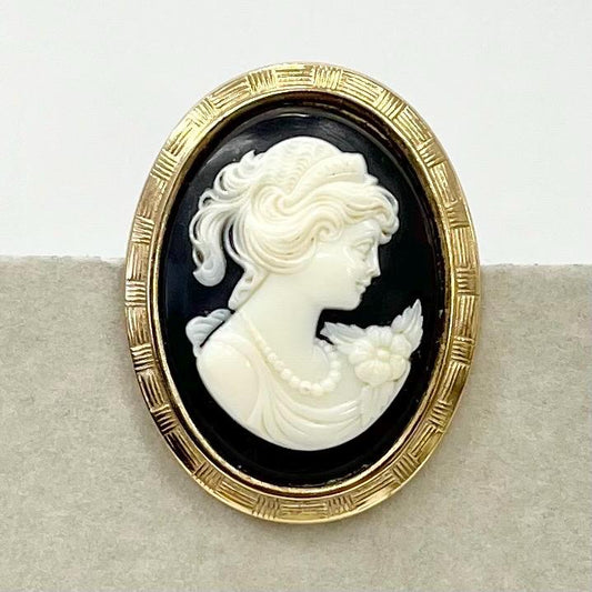 Vintage Black Cream Faux Cameo Brooch in a Gold Tone Filigree Setting Victorian Style TheGreenGlassGemShop