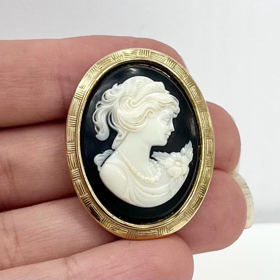 Vintage Black Cream Faux Cameo Brooch in a Gold Tone Filigree Setting Victorian Style TheGreenGlassGemShop