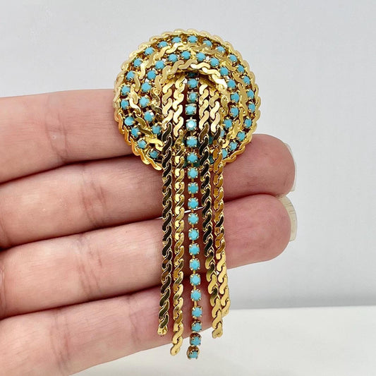 Vintage Turquoise Blue Crystal Long Tassle Drop Brooch Gold Plate Statement Piece TheGreenGlassGemShop