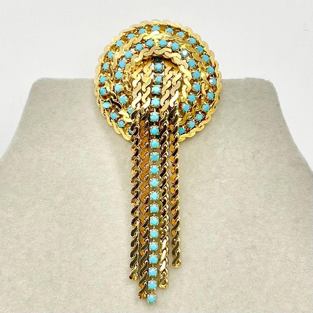 Vintage Turquoise Blue Crystal Long Tassle Drop Brooch Gold Plate Statement Piece TheGreenGlassGemShop
