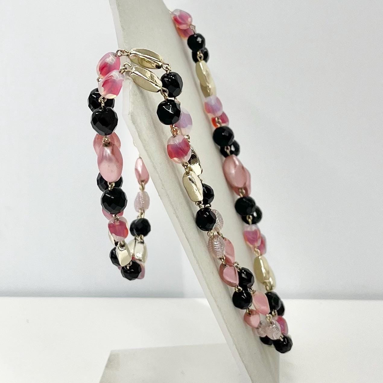 Vintage 46” Long Pink Opal & Black Czech Glass Bead Necklace with Silver Accent Beads and Pink Baroque Glass Pearls TheGreenGlassGemShop