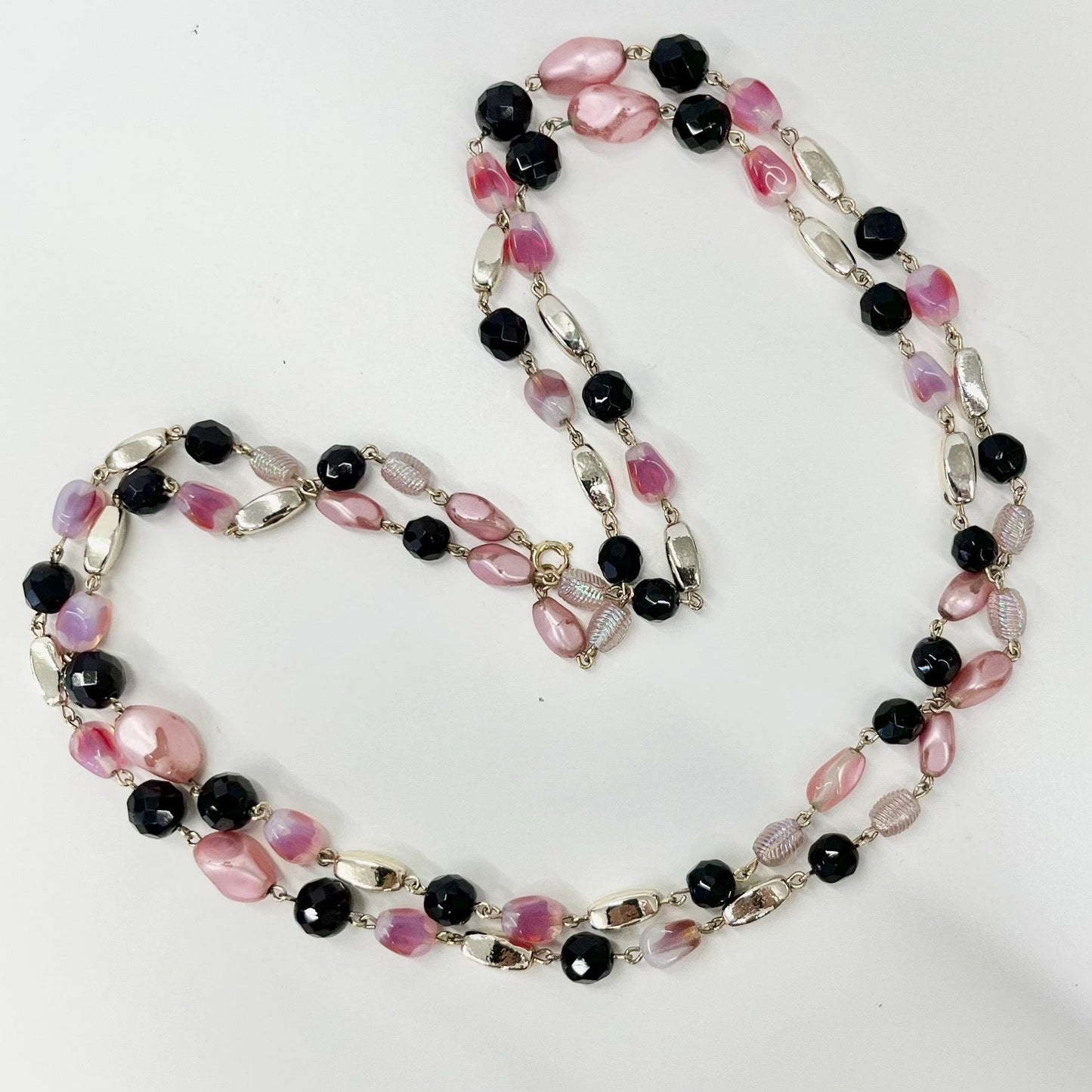 Vintage 46” Long Pink Opal & Black Czech Glass Bead Necklace with Silver Accent Beads and Pink Baroque Glass Pearls TheGreenGlassGemShop