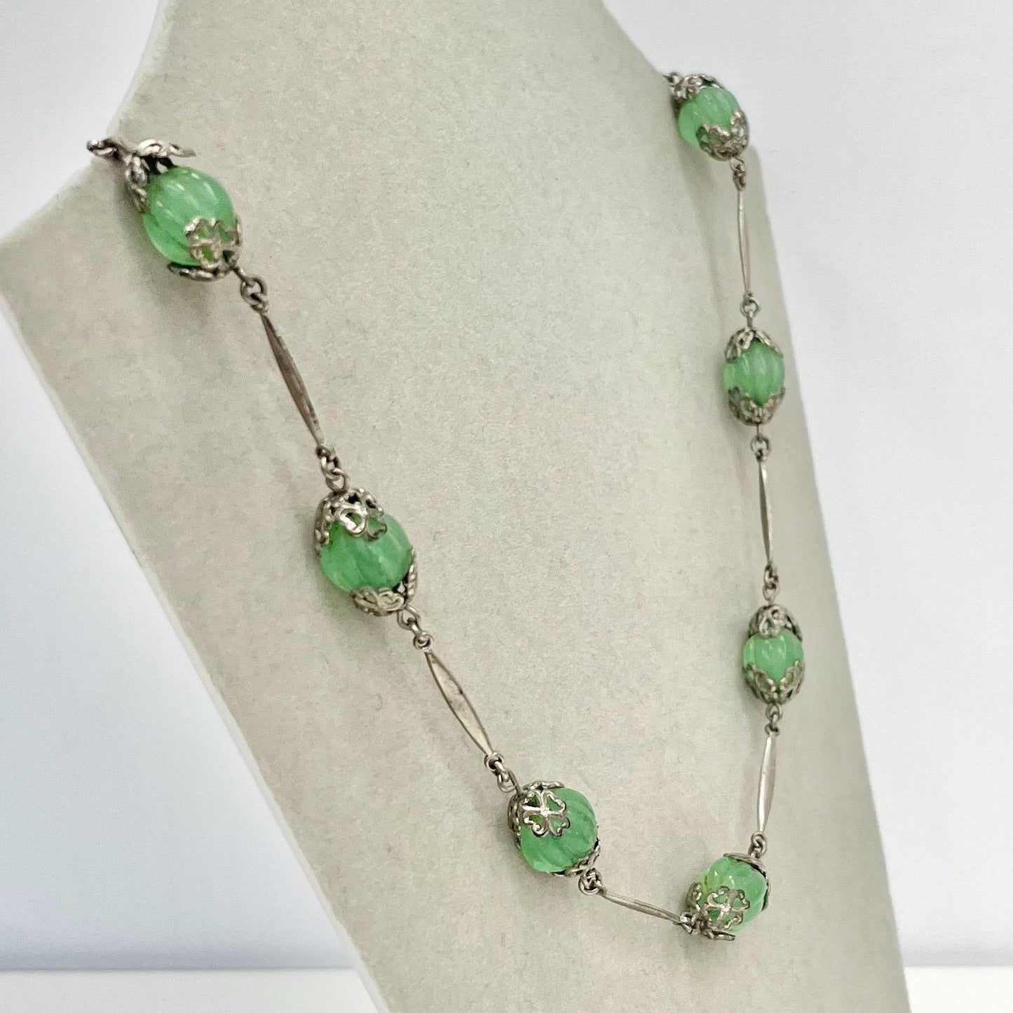 Vintage Art Deco Green Uranium Melon Glass Bead Necklace Silver Plate Links UV Reactive Glow Jewellery TheGreenGlassGemShop