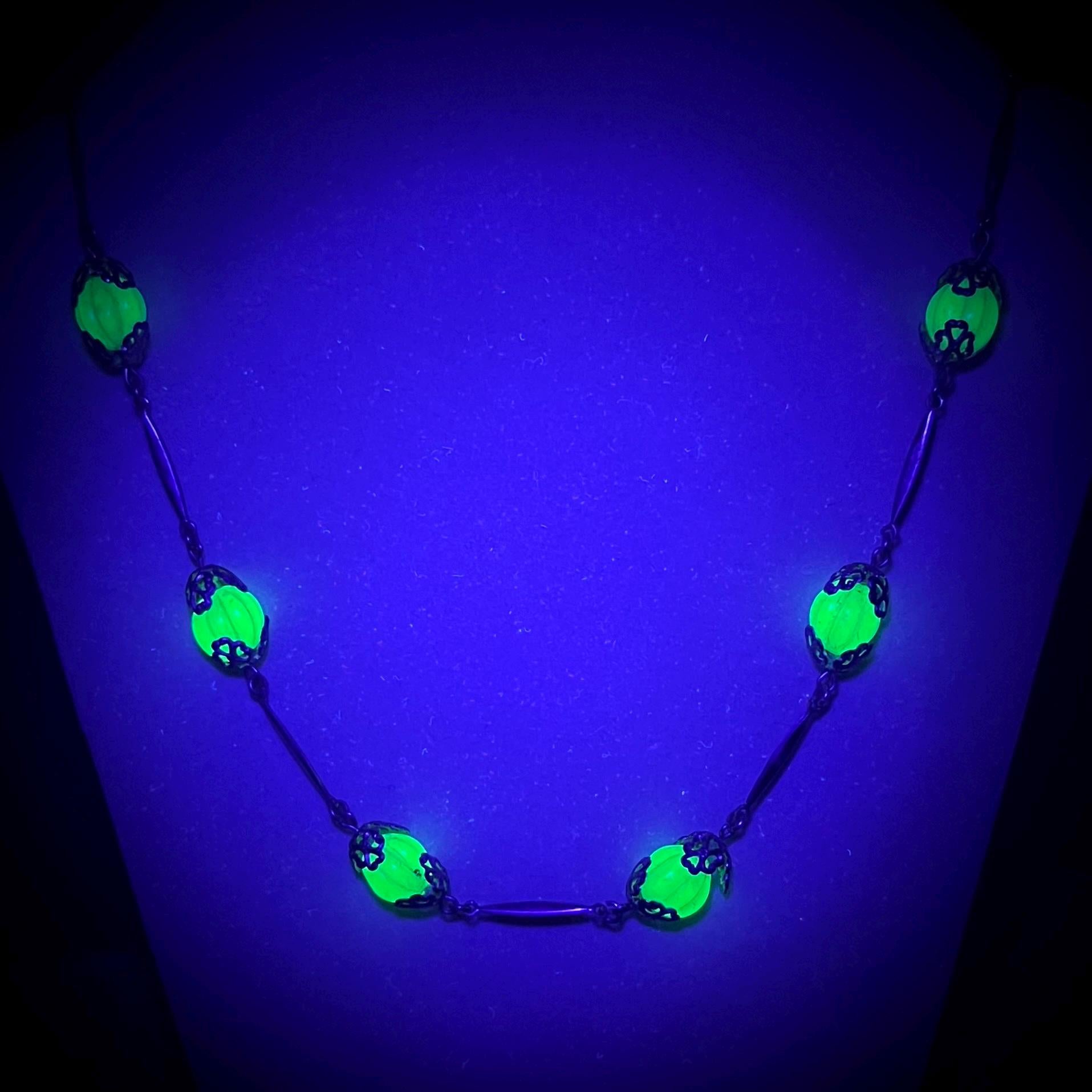 Vintage Art Deco Green Uranium Melon Glass Bead Necklace Silver Plate Links UV Reactive Glow Jewellery TheGreenGlassGemShop