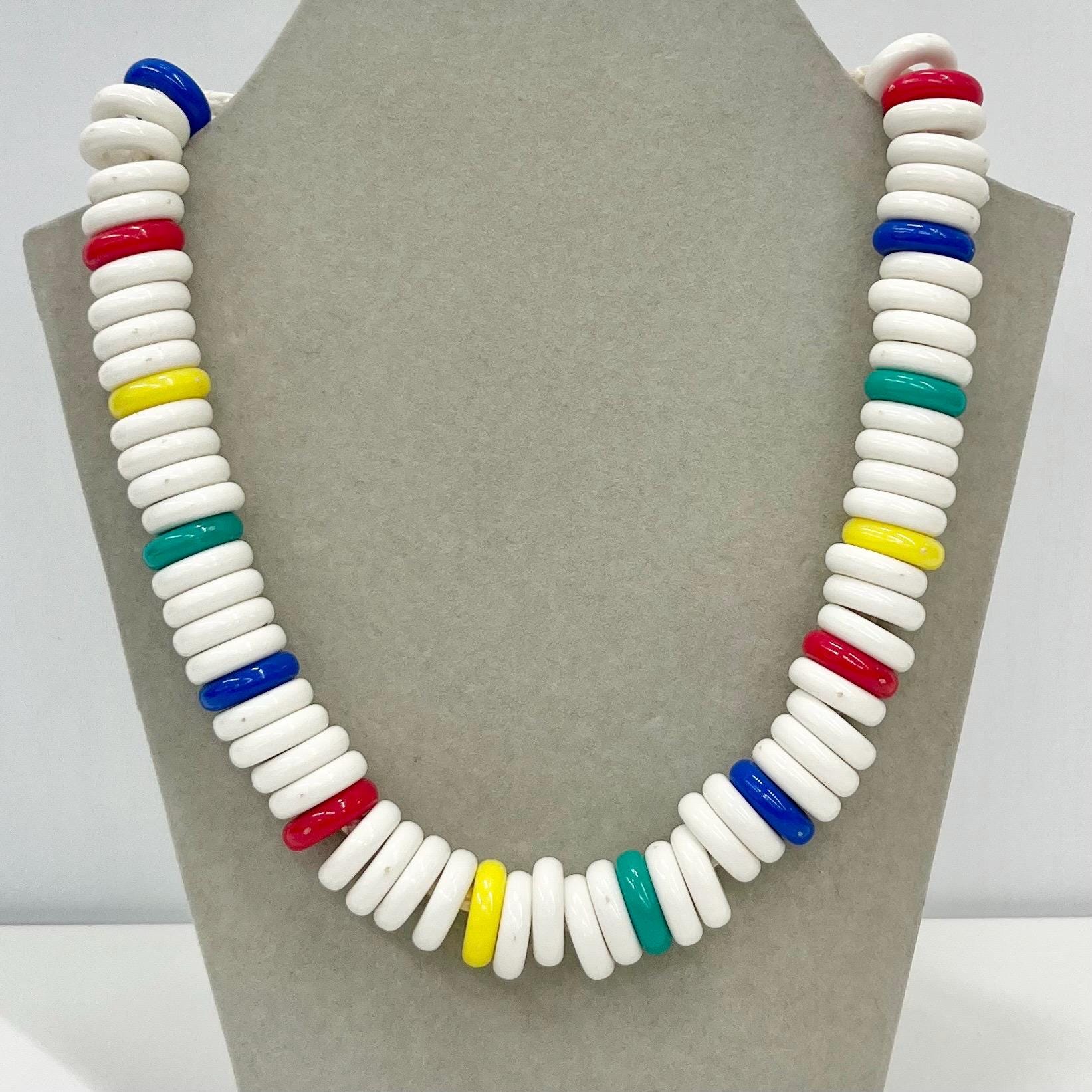 Vintage Chunky White Ringed Acrylic / Plastic Bead Rope Necklace Natutical Statement Piece Vintage Jewellery 17” Long TheGreenGlassGemShop