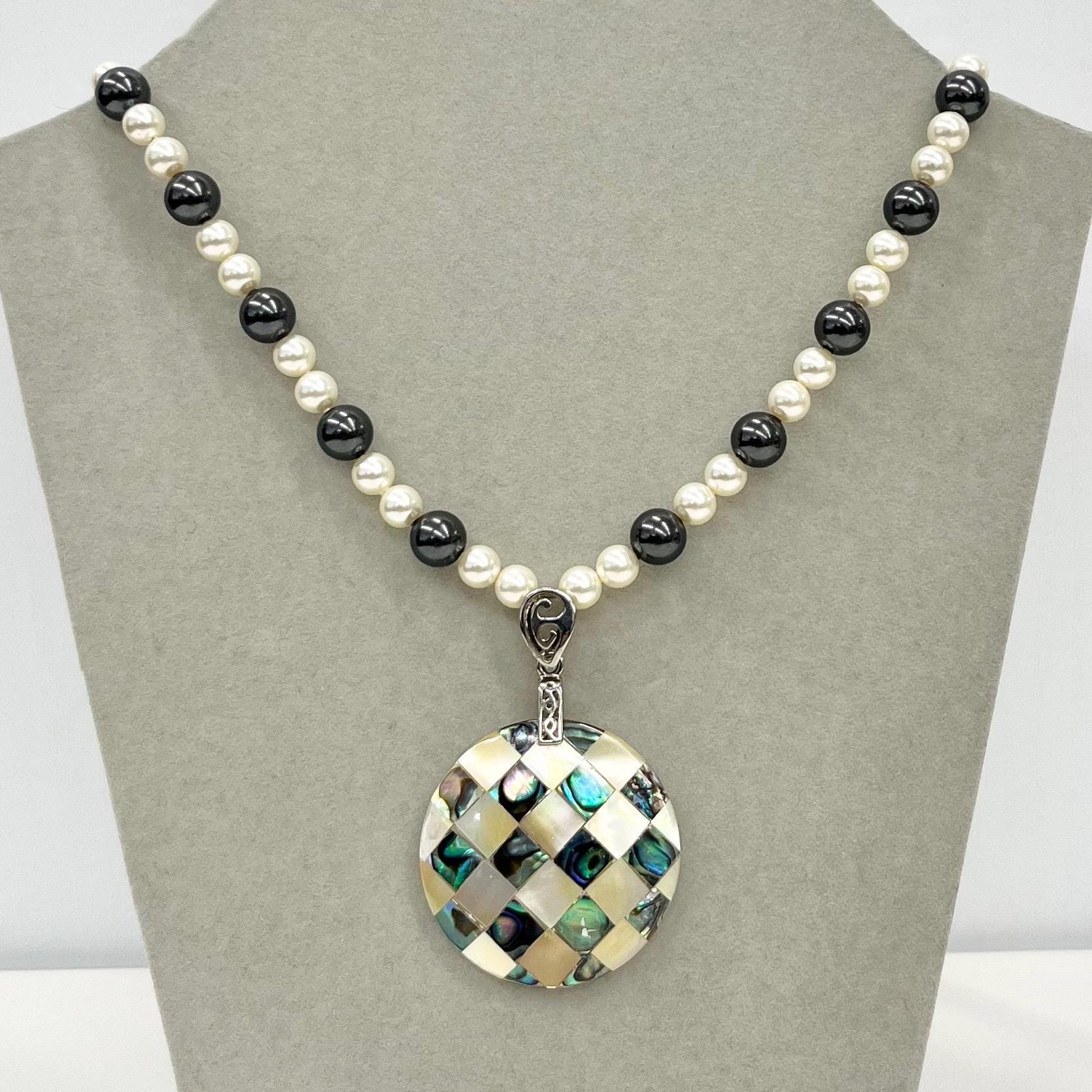 Handmade 16” Swarovski Pearl Elements Mother of Pearl & Abalone Shell Mosaic Pendant Necklace TheGreenGlassGemShop