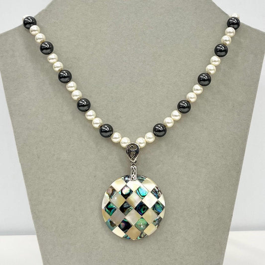 Handmade 16” Swarovski Pearl Elements Mother of Pearl & Abalone Shell Mosaic Pendant Necklace TheGreenGlassGemShop