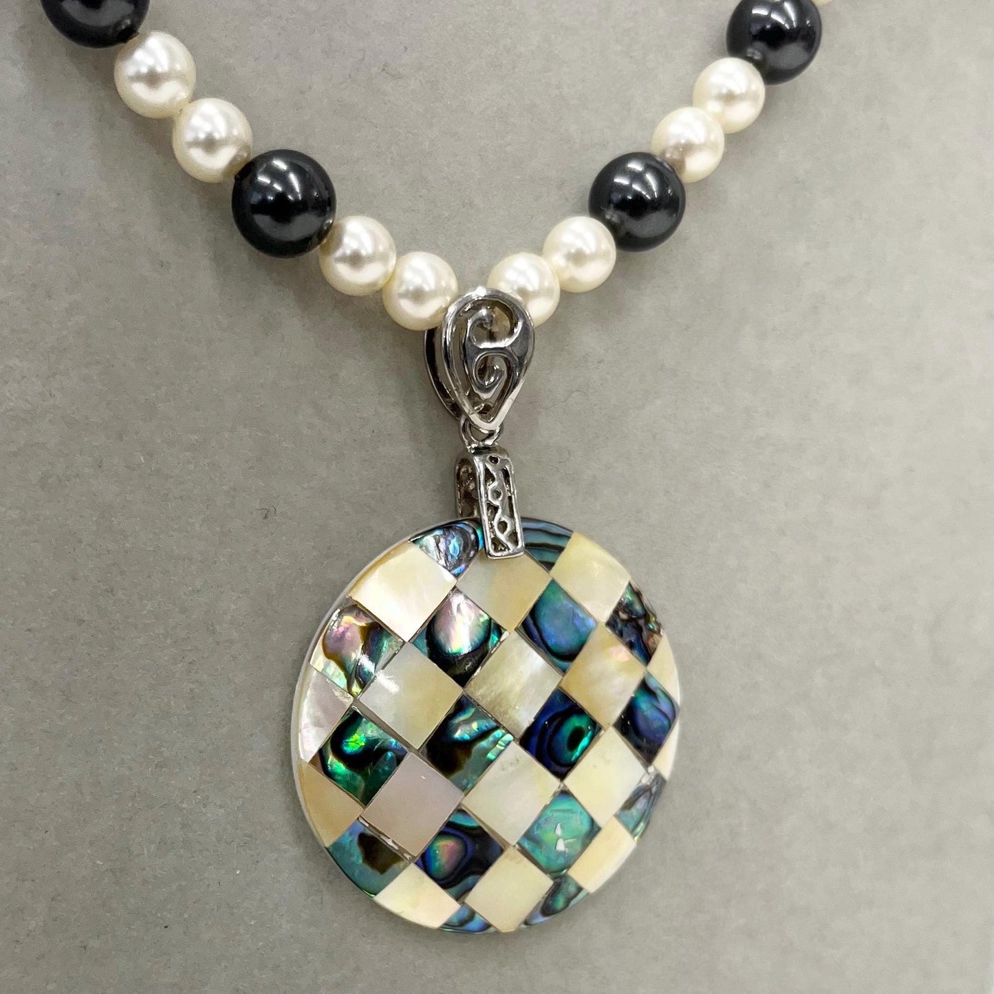 Handmade 16” Swarovski Pearl Elements Mother of Pearl & Abalone Shell Mosaic Pendant Necklace TheGreenGlassGemShop