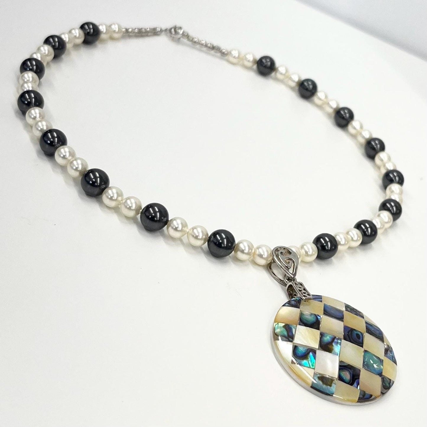 Handmade 16” Swarovski Pearl Elements Mother of Pearl & Abalone Shell Mosaic Pendant Necklace TheGreenGlassGemShop