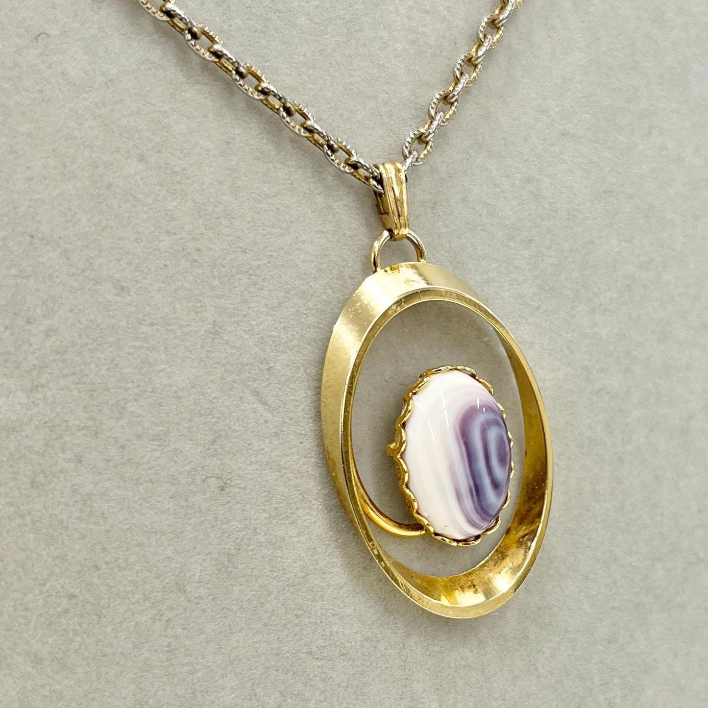 Vintage 1970‘s Gold Tone Amethyst White Czech Glass Pendant Necklace Gold Tone Brutalist Design on a 24” Chain TheGreenGlassGemShop