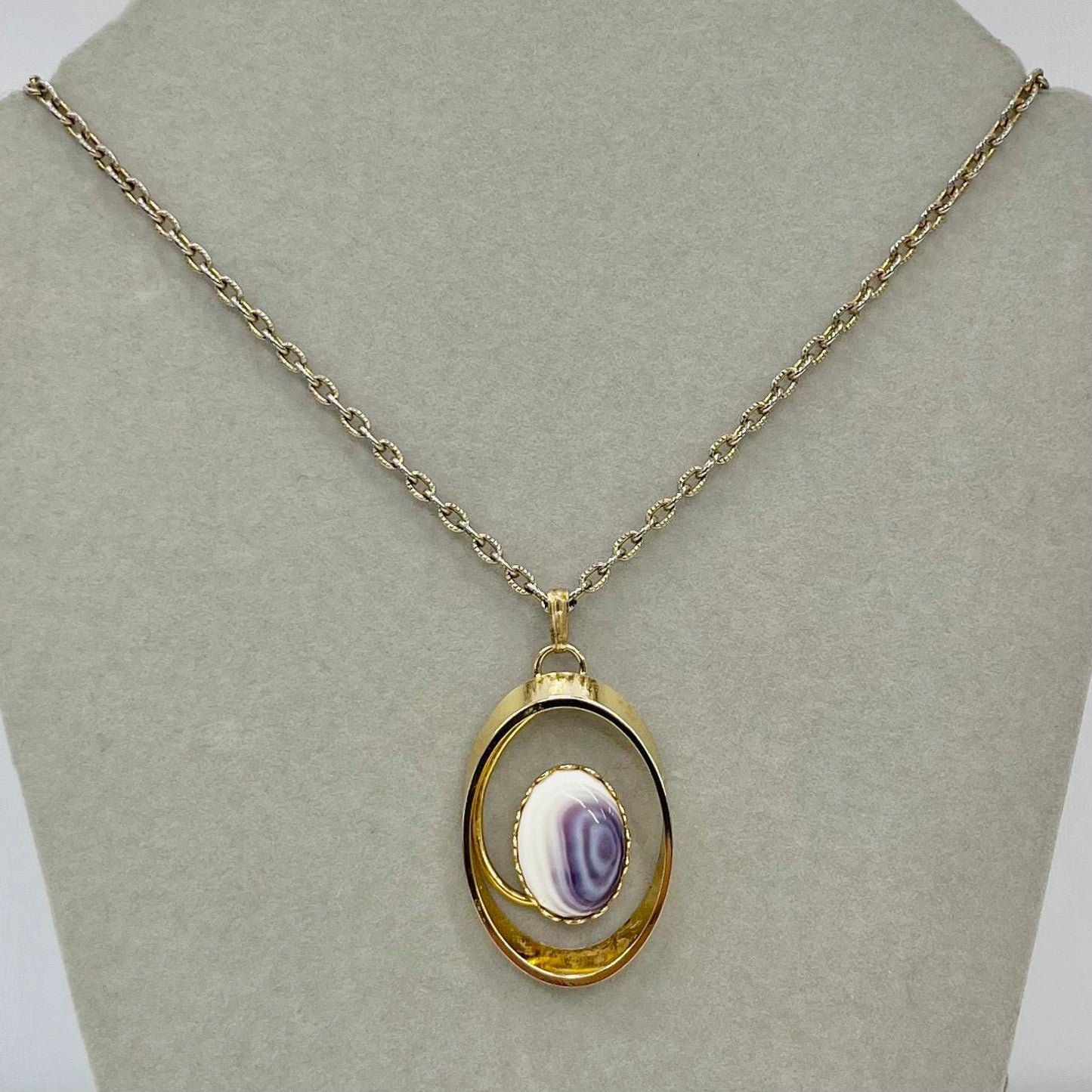 Vintage 1970‘s Gold Tone Amethyst White Czech Glass Pendant Necklace Gold Tone Brutalist Design on a 24” Chain TheGreenGlassGemShop