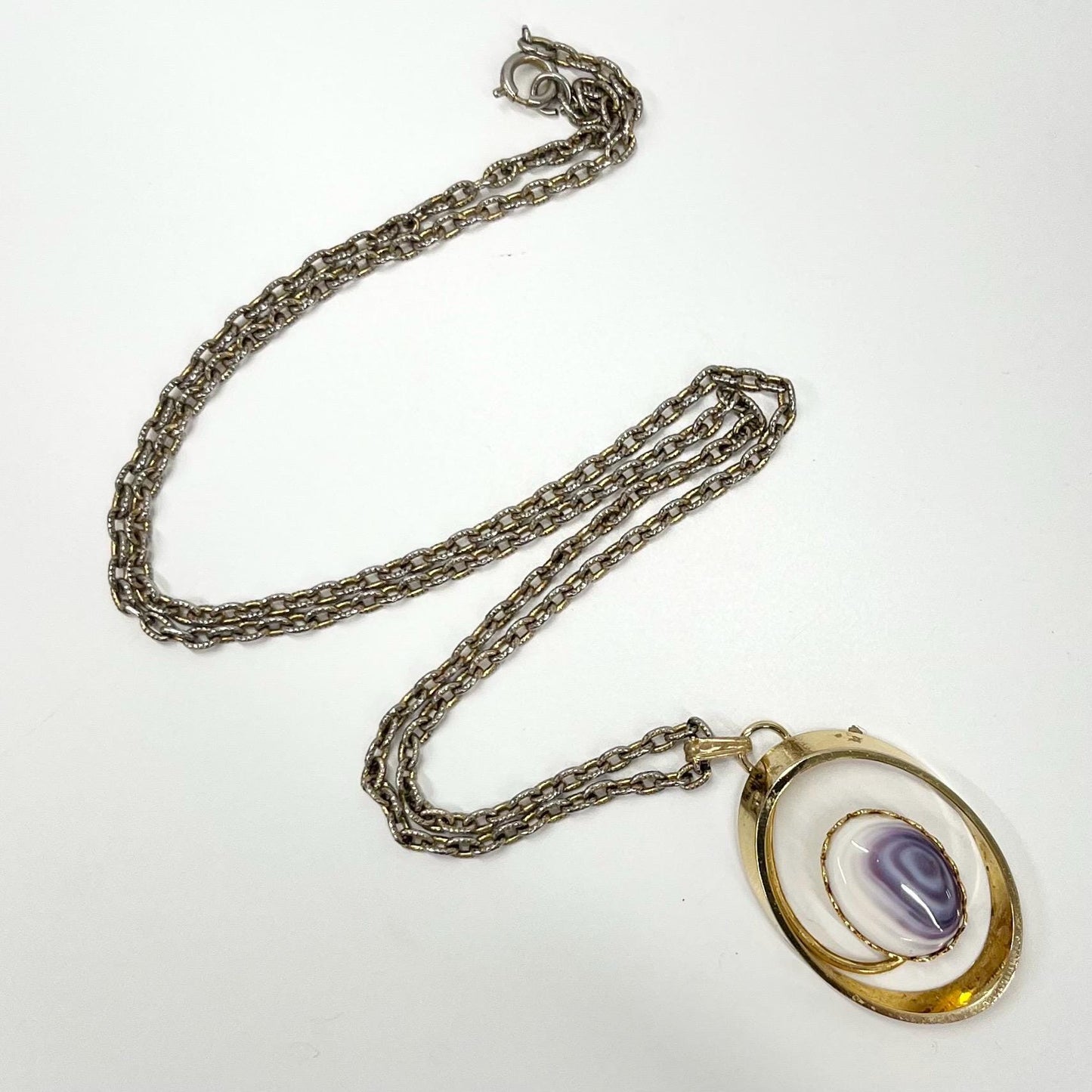 Vintage 1970‘s Gold Tone Amethyst White Czech Glass Pendant Necklace Gold Tone Brutalist Design on a 24” Chain TheGreenGlassGemShop