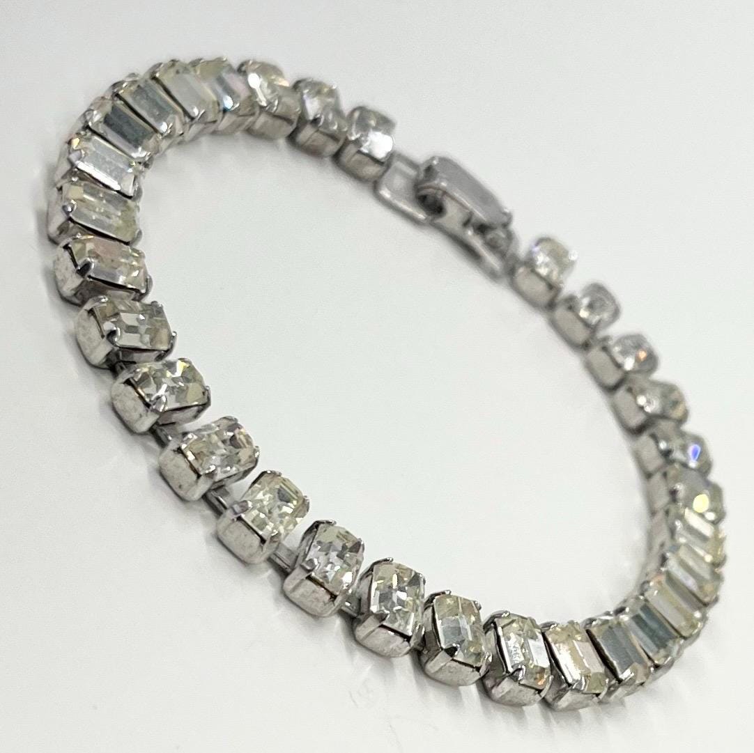 Vintage Silver Tone Clear Emerald Cut Crystal Tennis Bracelet Excellent Quality Glass Costume Jewellery 7.5” TheGreenGlassGemShop