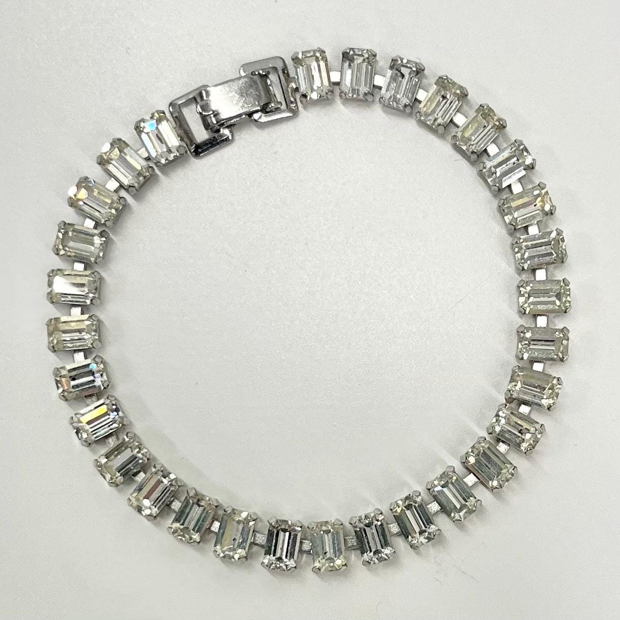 Vintage Silver Tone Clear Emerald Cut Crystal Tennis Bracelet Excellent Quality Glass Costume Jewellery 7.5” TheGreenGlassGemShop