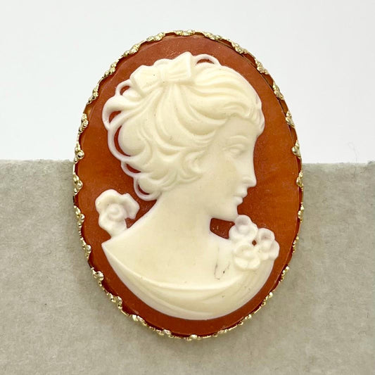 Vintage Orange Coral Coloured & Cream Faux Cameo Brooch in a Gold Tone Setting Victorian Style TheGreenGlassGemShop