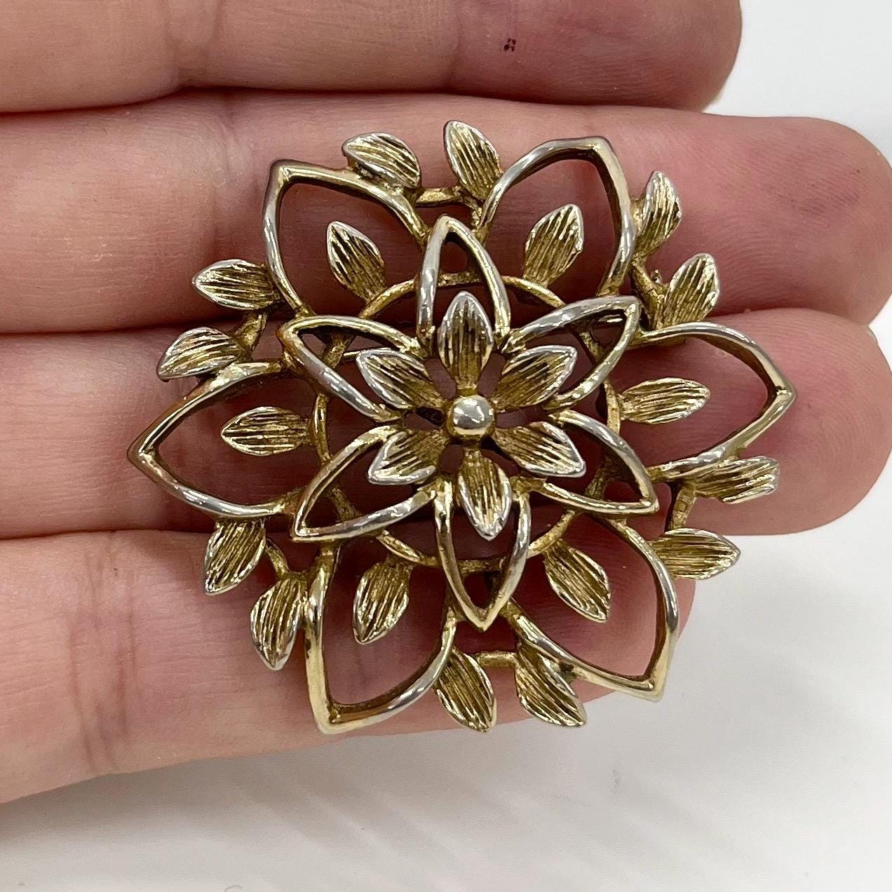 Vintage Sarah Coventry Gold Tone Brooch Large Floral Filigree Design Contempory Costume Jewellery Statement Piece TheGreenGlassGemShop