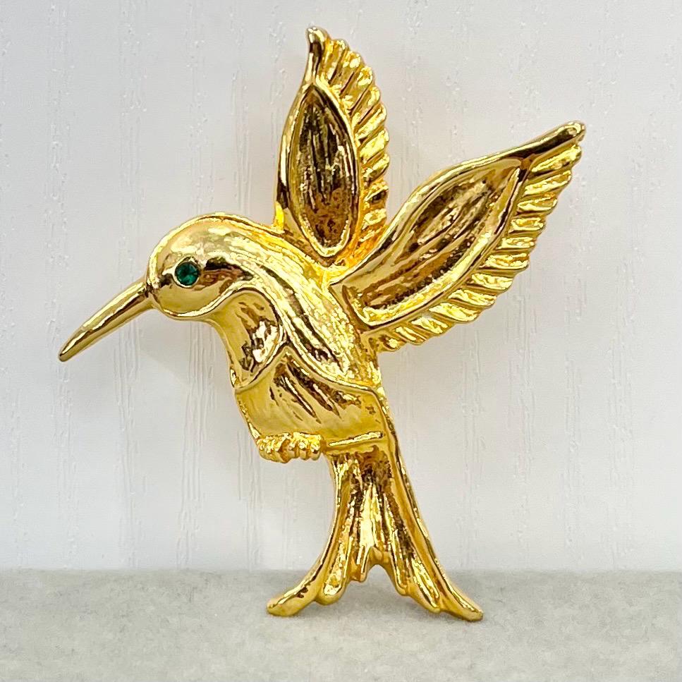 Vintage AAI Mocking Jay Bird Brooch Gold Tone with an Emerald Glass Crystal Eye Statement Piece TheGreenGlassGemShop