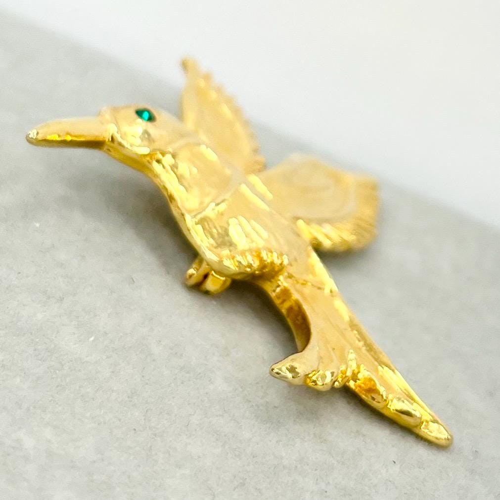 Vintage AAI Mocking Jay Bird Brooch Gold Tone with an Emerald Glass Crystal Eye Statement Piece TheGreenGlassGemShop