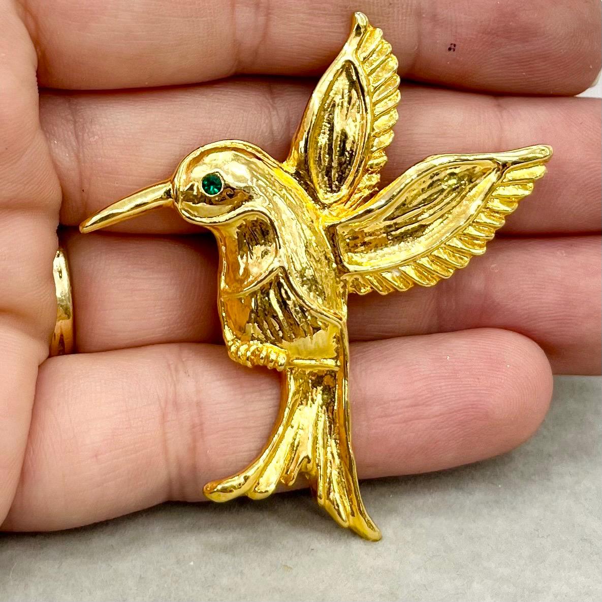 Vintage AAI Mocking Jay Bird Brooch Gold Tone with an Emerald Glass Crystal Eye Statement Piece TheGreenGlassGemShop