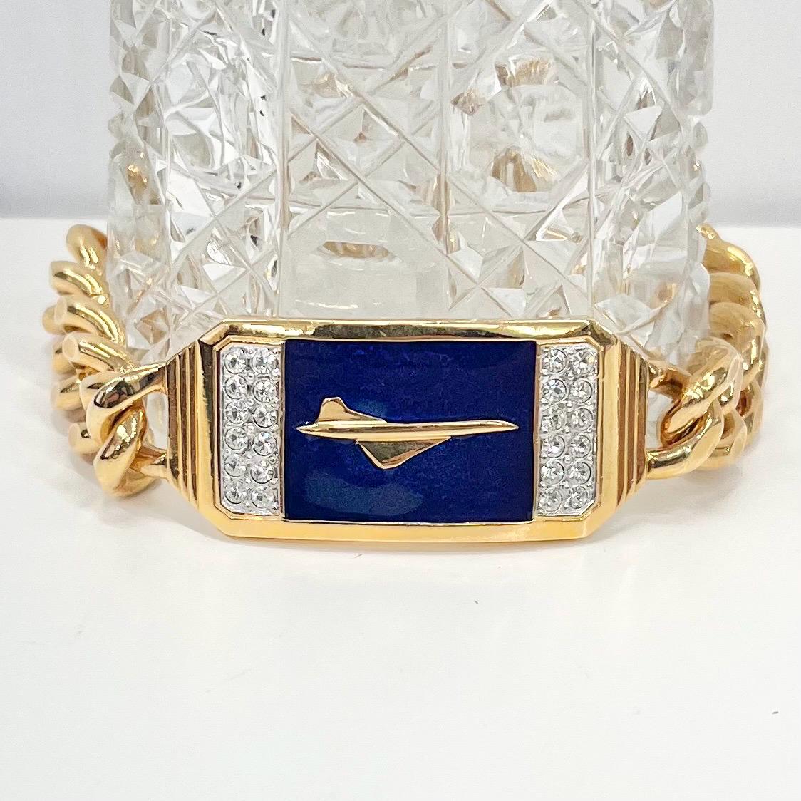 Vintage Gold Plate Heavy Men’s Blue Enamelled Concorde Pilot Bracelet Crystal Accents Power Dressing Costume Jewellery 9” Long TheGreenGlassGemShop