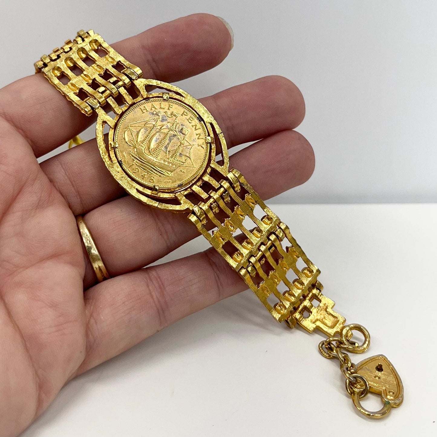 Vintage Kitsch Gold Plate Half Penny Coin Bracelet Crystal Accents Power Dressing Costume Jewellery 7” Long with 1” Extender TheGreenGlassGemShop