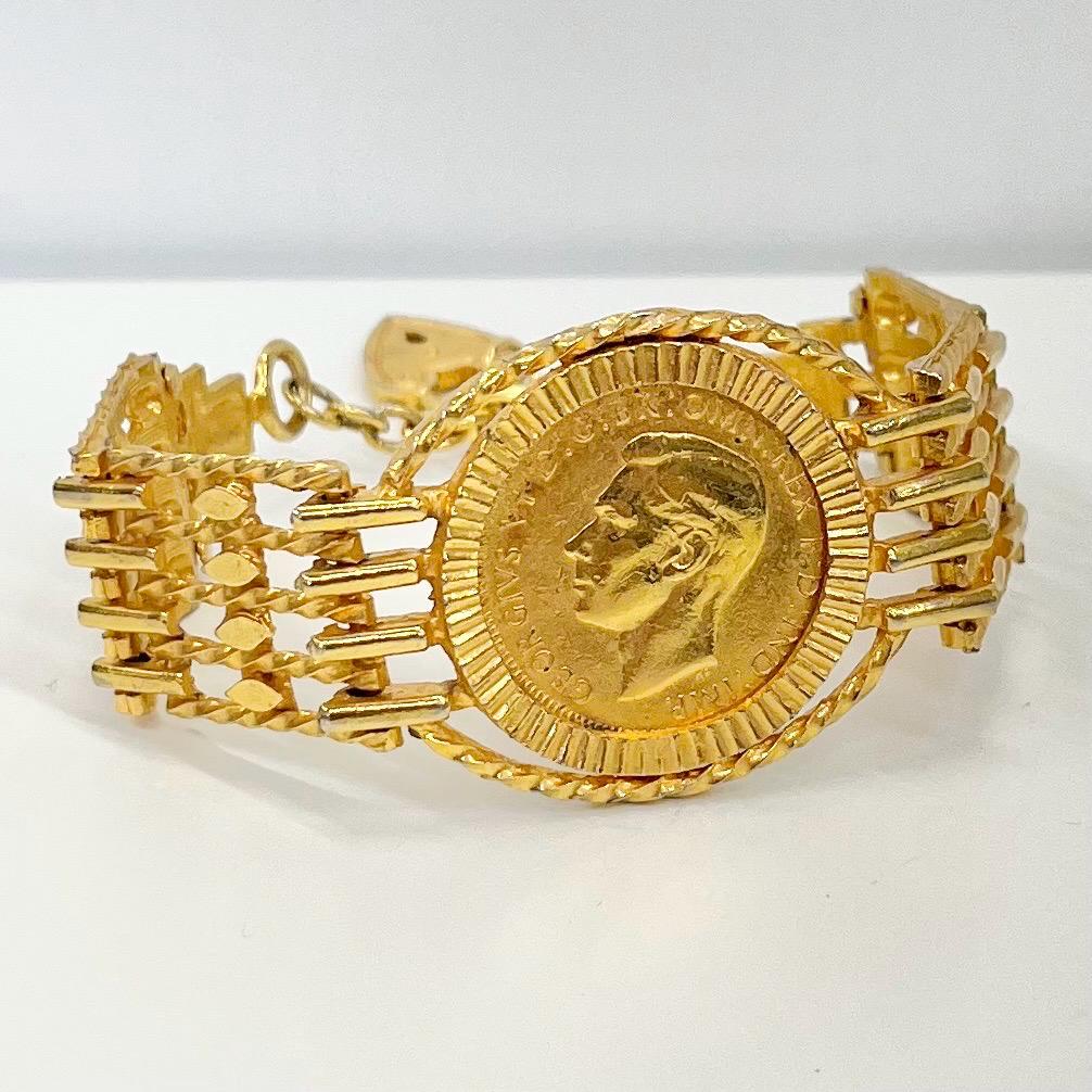 Vintage Kitsch Gold Plate Half Penny Coin Bracelet Crystal Accents Power Dressing Costume Jewellery 7” Long with 1” Extender TheGreenGlassGemShop