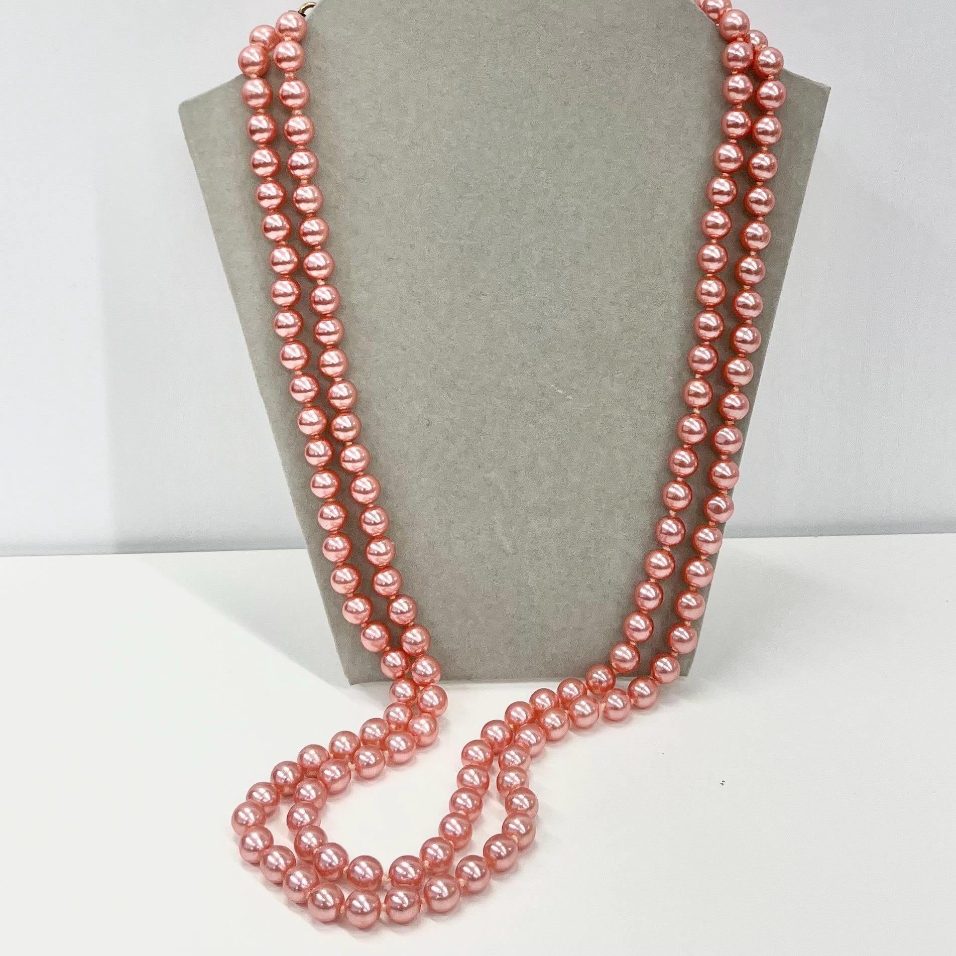 Vintage Long Hand Knotted Pink / Peach Glass Pearl Bead Necklace 54” Long Gold Tone Clasp TheGreenGlassGemShop