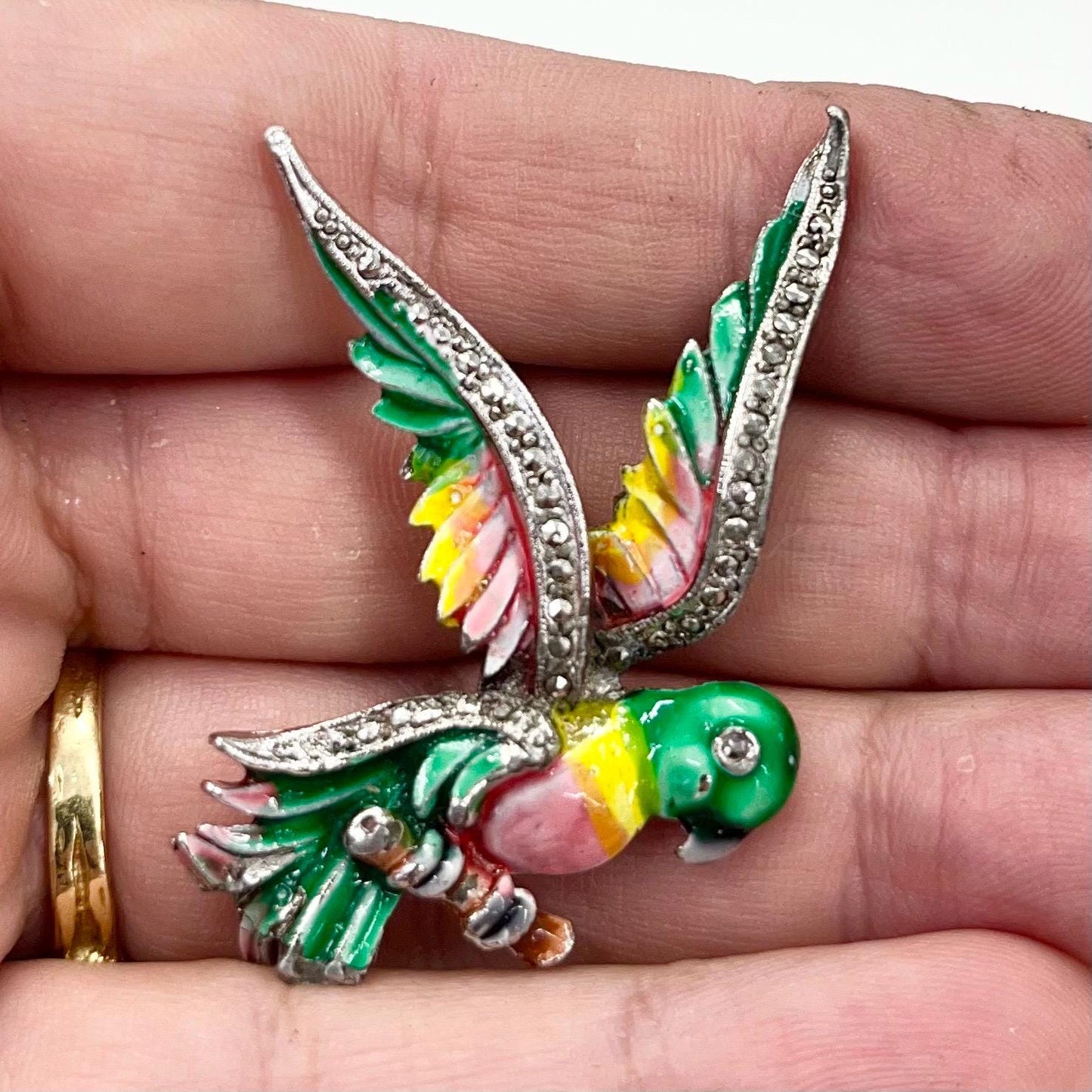 Vintage BJL Enamel Parrot Bird Brooch Silver Tone Setting with Marcasite 1960’s - 1970’s Bohemian Jewellery Ltd TheGreenGlassGemShop