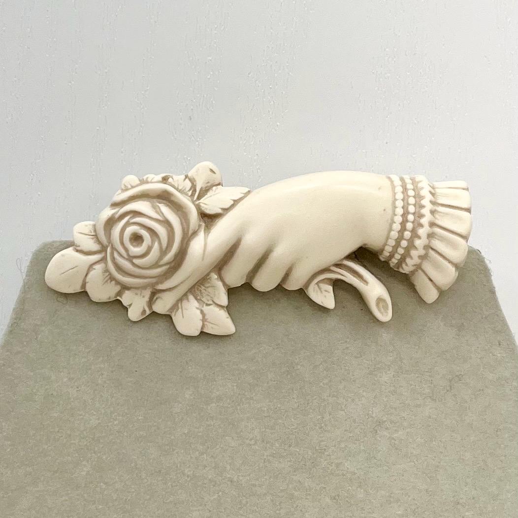 Vintage Victorian Style Matte Lucite Cream Hand Holding Flower Brooch 1950’s Costume Jewellery Piece TheGreenGlassGemShop