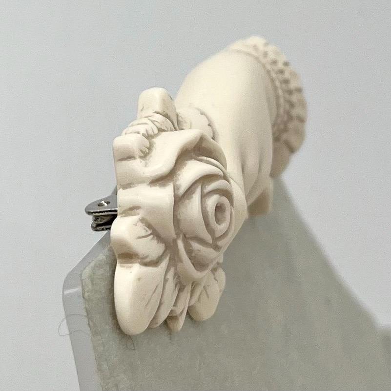 Vintage Victorian Style Matte Lucite Cream Hand Holding Flower Brooch 1950’s Costume Jewellery Piece TheGreenGlassGemShop