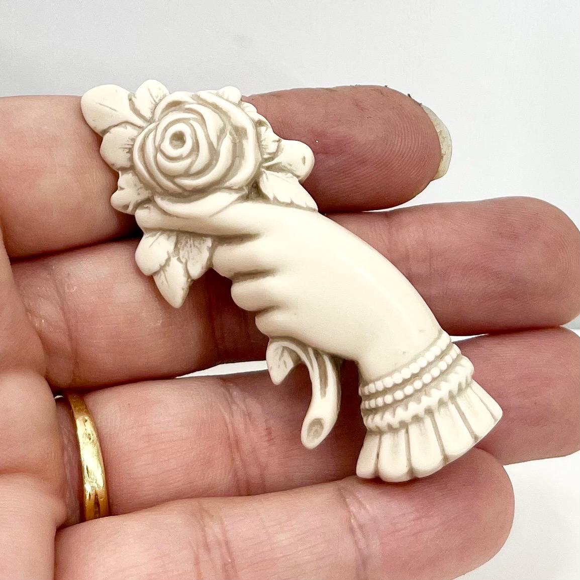 Vintage Victorian Style Matte Lucite Cream Hand Holding Flower Brooch 1950’s Costume Jewellery Piece TheGreenGlassGemShop