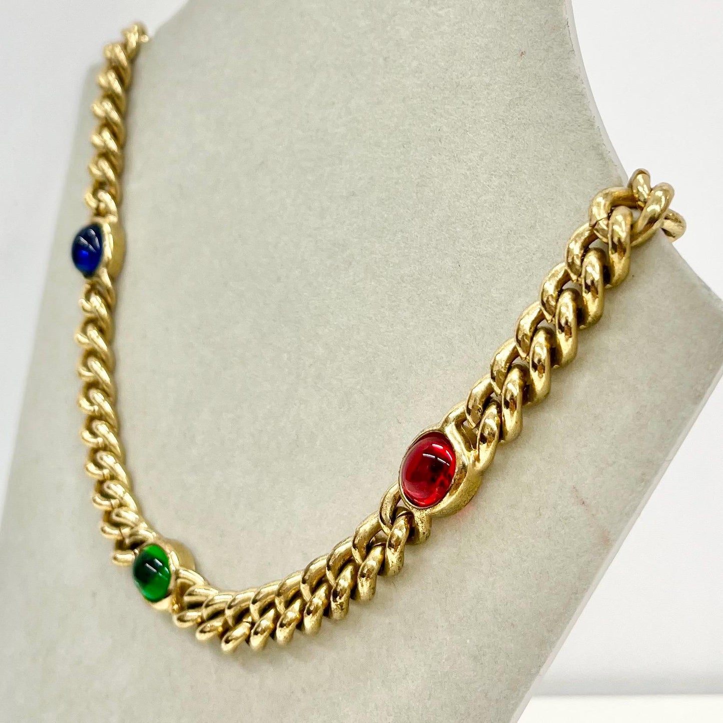 Vintage Gold Plated Chunky Curb Chain Necklace with Red Blue Green Glass Cabochon Accents 1970’s - 1980’s Statement Power Chain TheGreenGlassGemShop