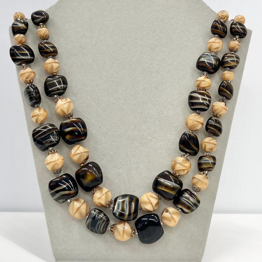 Vintage 1940’s 1950’s Two Strand Brown Caramel Striped Glass Beaded Necklace Great Quality Beads Vintage Jewellery 21” Long TheGreenGlassGemShop