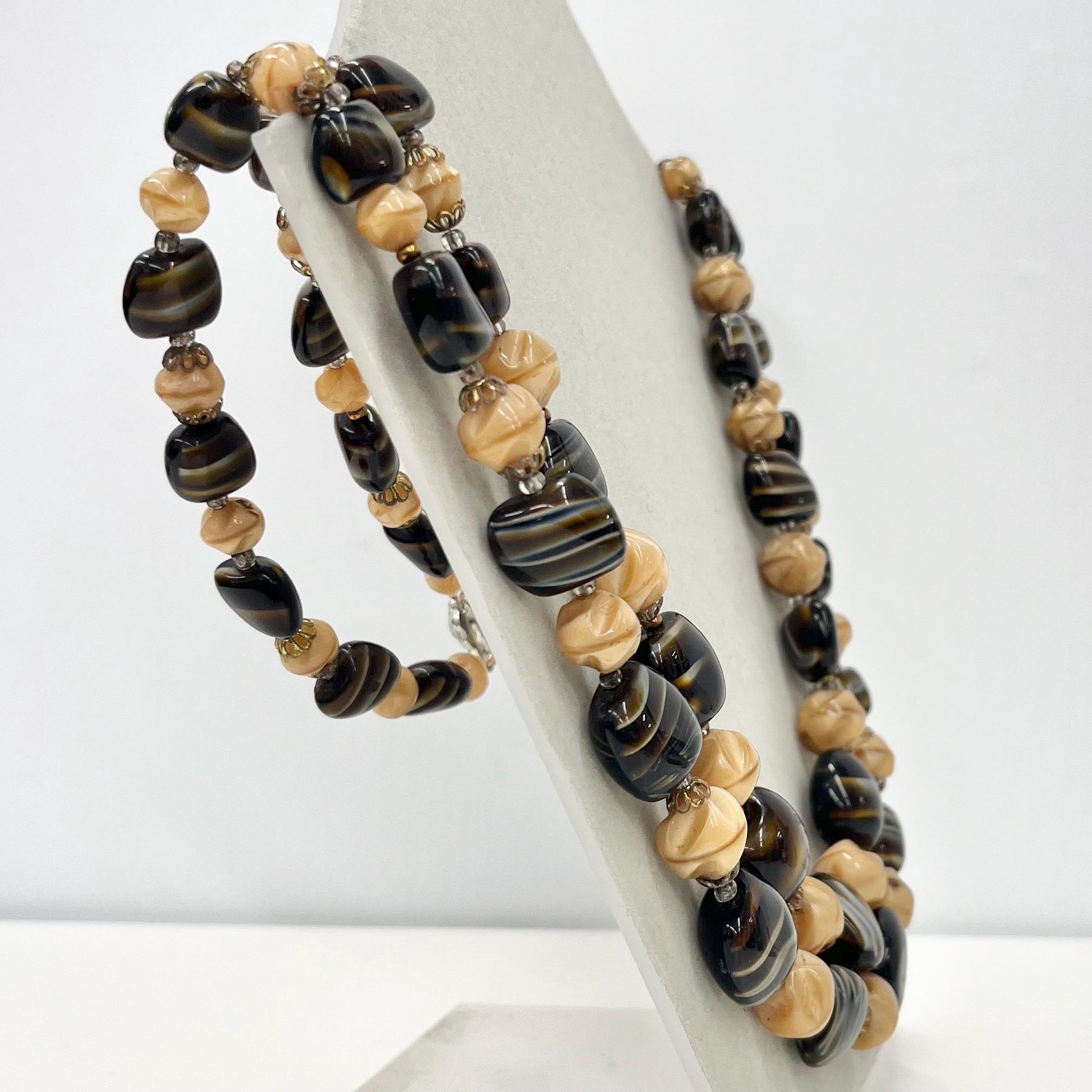 Vintage 1940’s 1950’s Two Strand Brown Caramel Striped Glass Beaded Necklace Great Quality Beads Vintage Jewellery 21” Long TheGreenGlassGemShop