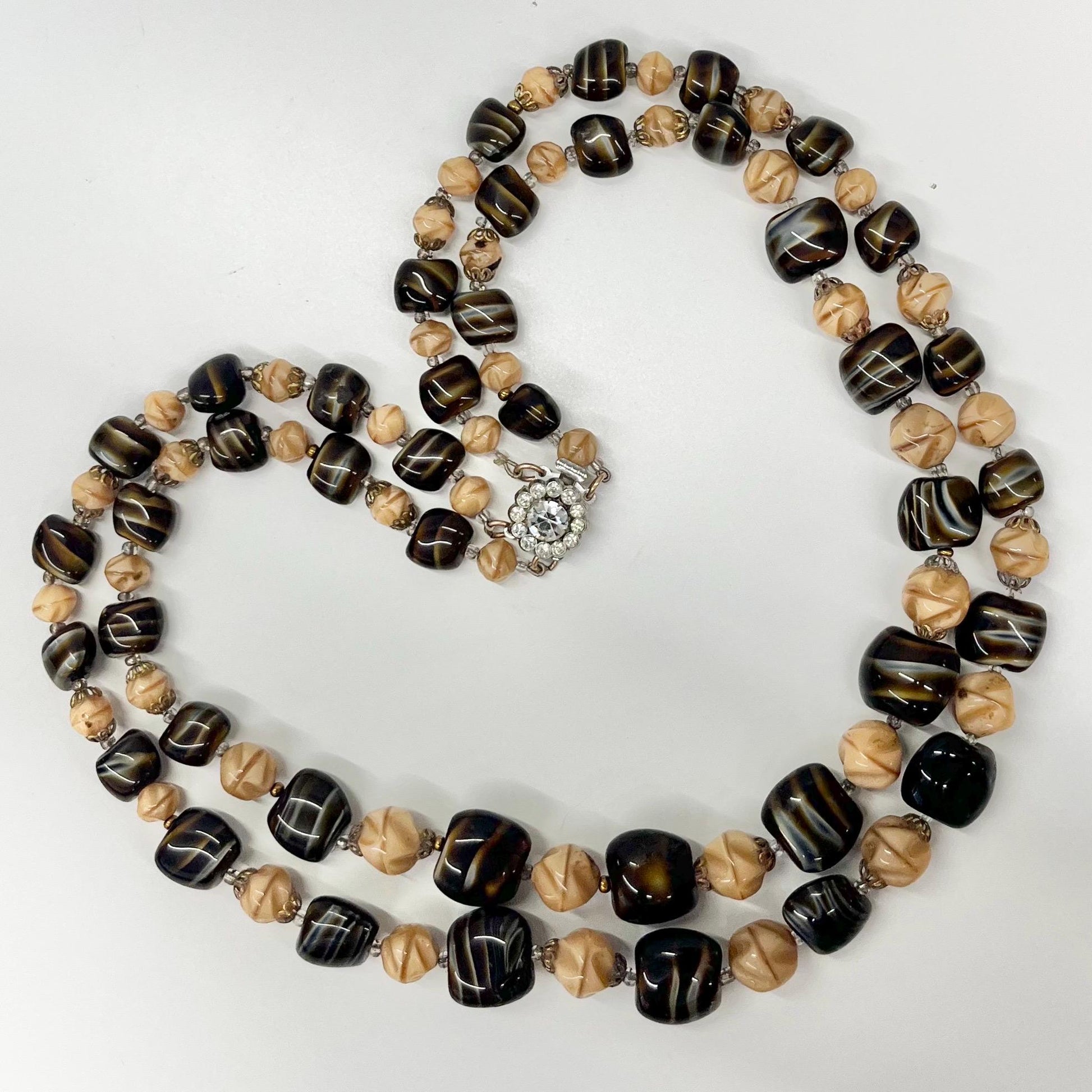 Vintage 1940’s 1950’s Two Strand Brown Caramel Striped Glass Beaded Necklace Great Quality Beads Vintage Jewellery 21” Long TheGreenGlassGemShop