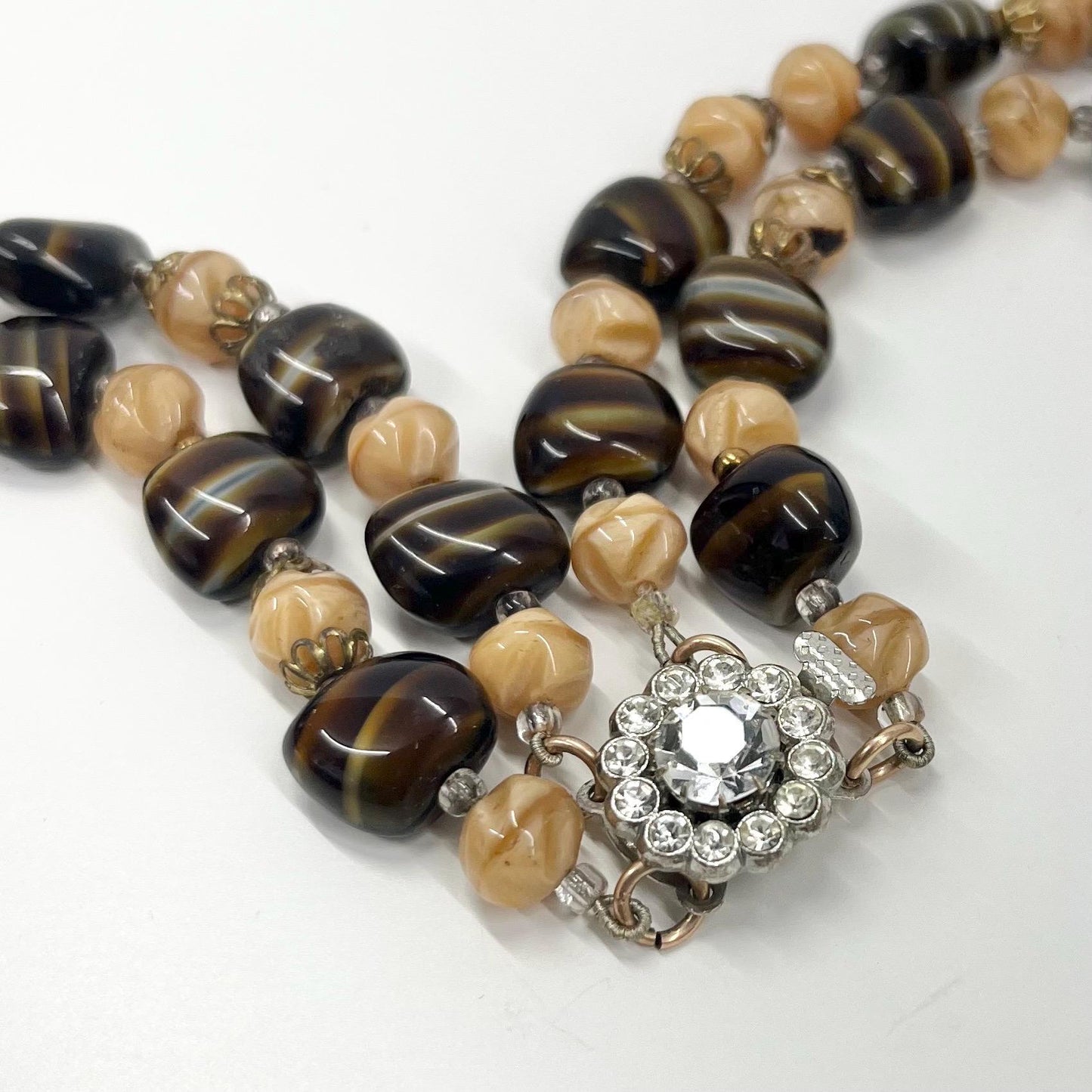 Vintage 1940’s 1950’s Two Strand Brown Caramel Striped Glass Beaded Necklace Great Quality Beads Vintage Jewellery 21” Long TheGreenGlassGemShop