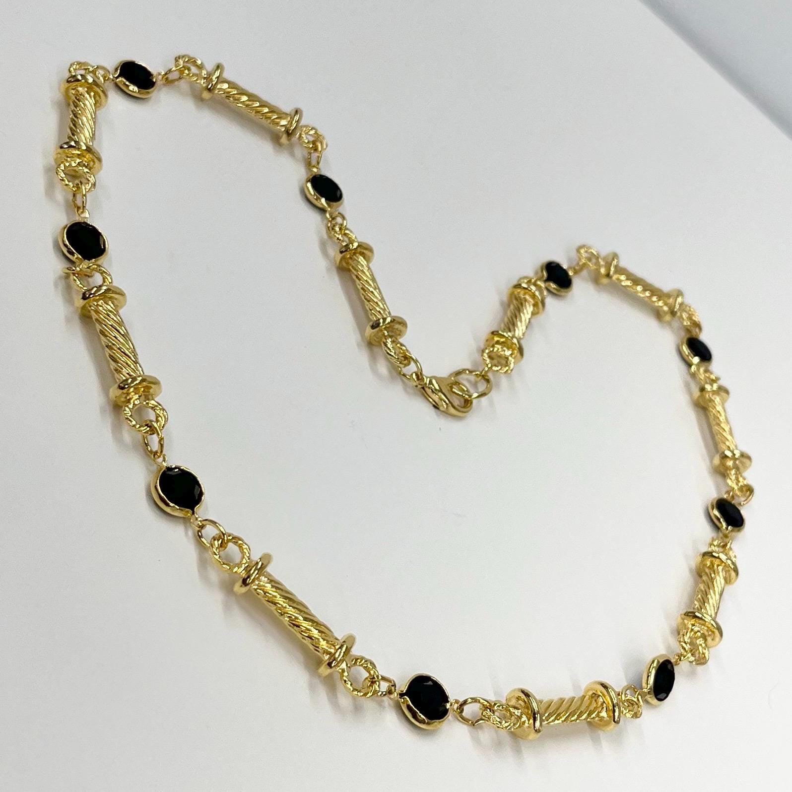 Vintage 22” Frank Usher Gold Tone Italian Bar Link Chain Necklace Black Rivioli Crystal Accents 1970’s - 1980’s Statement Power Chain TheGreenGlassGemShop