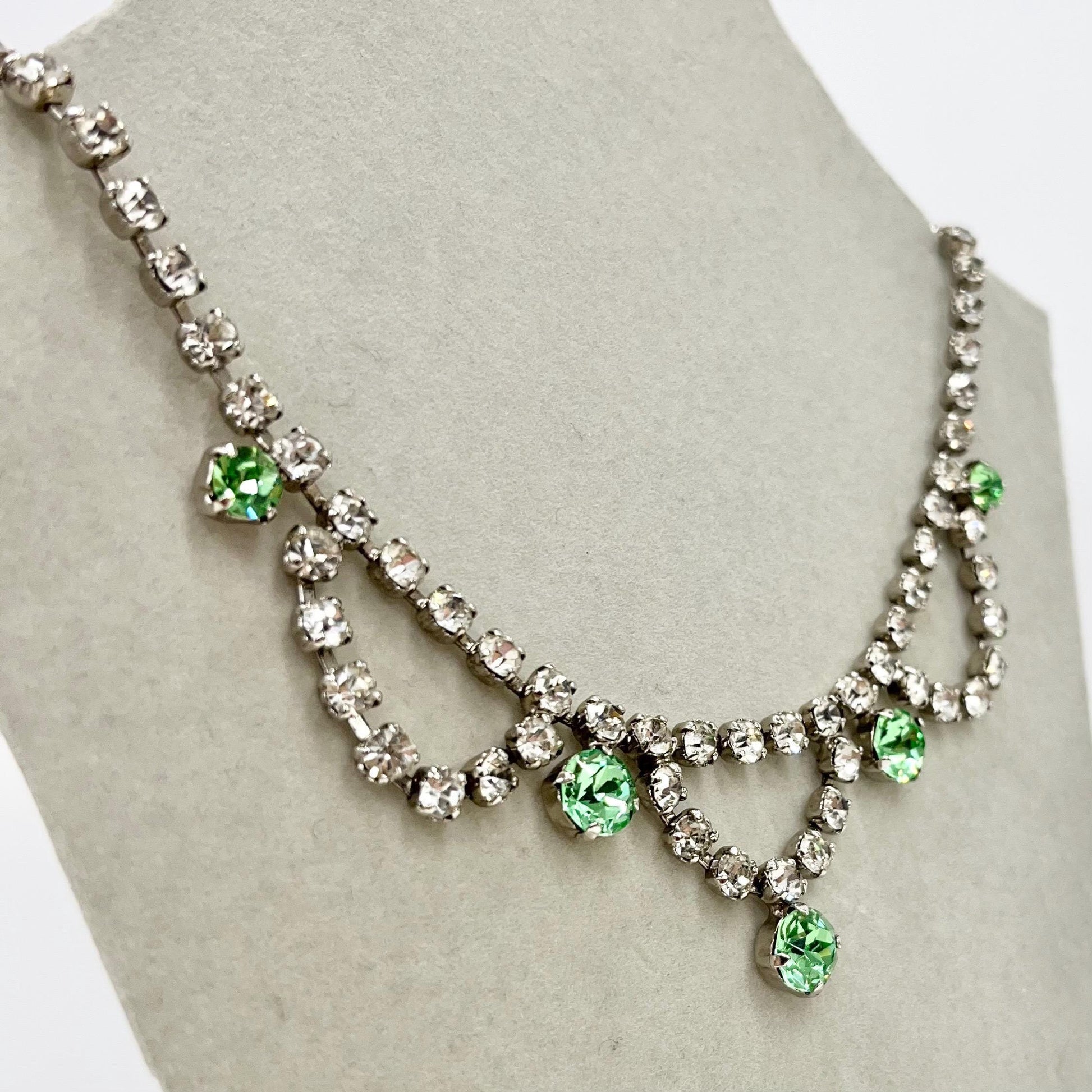 Vintage Green Uranium Glass Crystal Drop Necklace Silver Tone Metal Swag Design UV Reactive Glow Piece TheGreenGlassGemShop