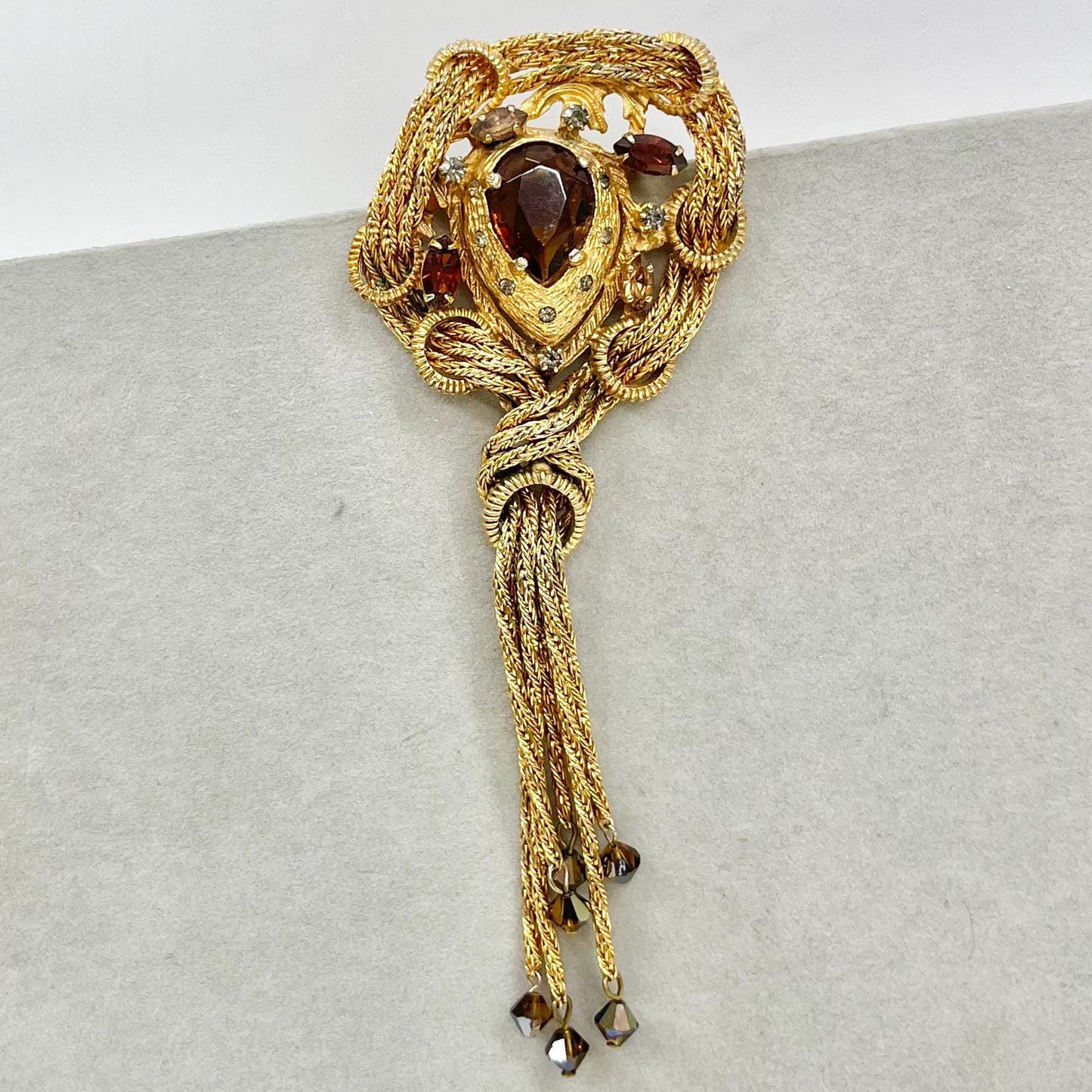 Vintage Huge Long Tassle Drop Brooch Gold Plate Statement Piece with Topaz Coloured Austrian Crystals TheGreenGlassGemShop