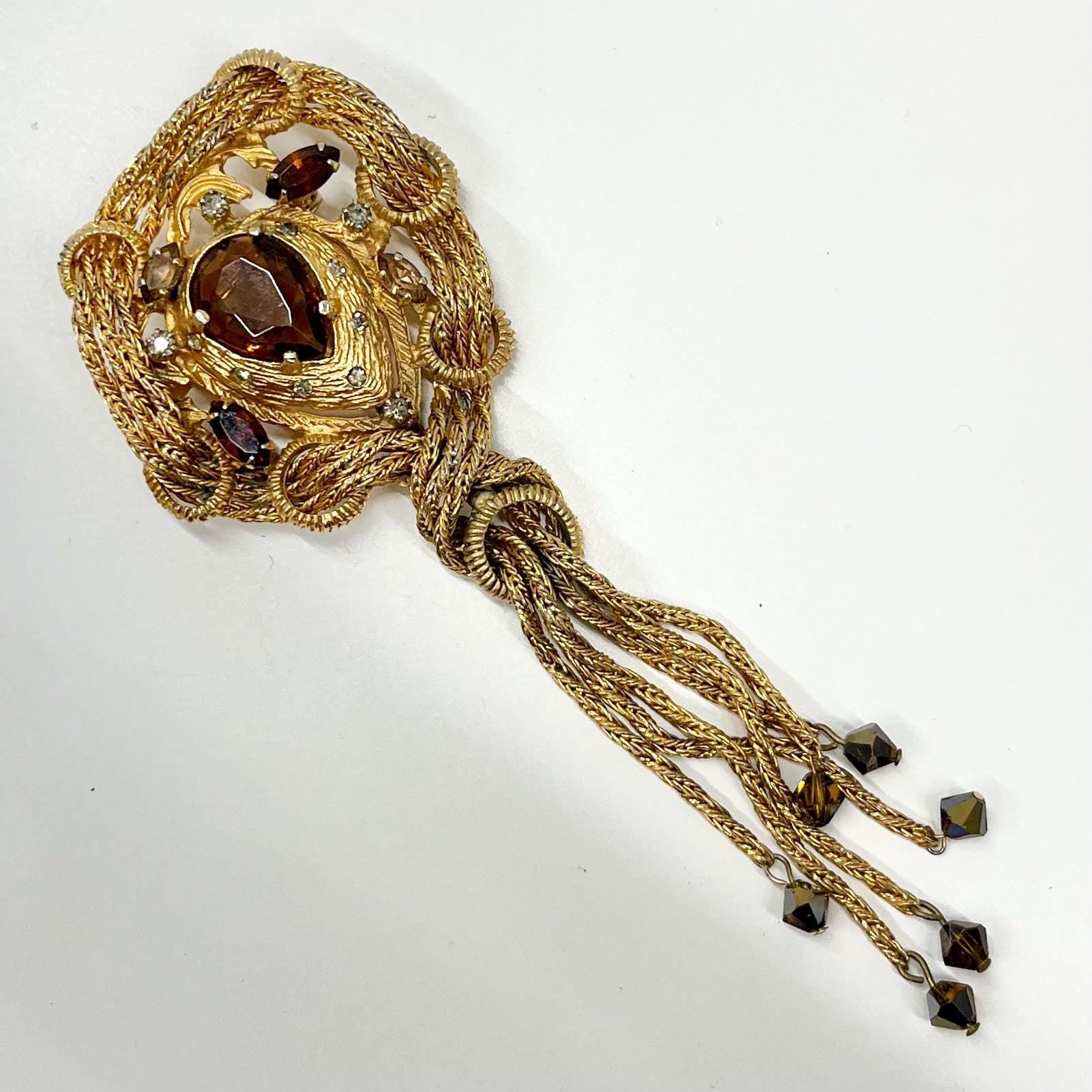 Vintage Huge Long Tassle Drop Brooch Gold Plate Statement Piece with Topaz Coloured Austrian Crystals TheGreenGlassGemShop