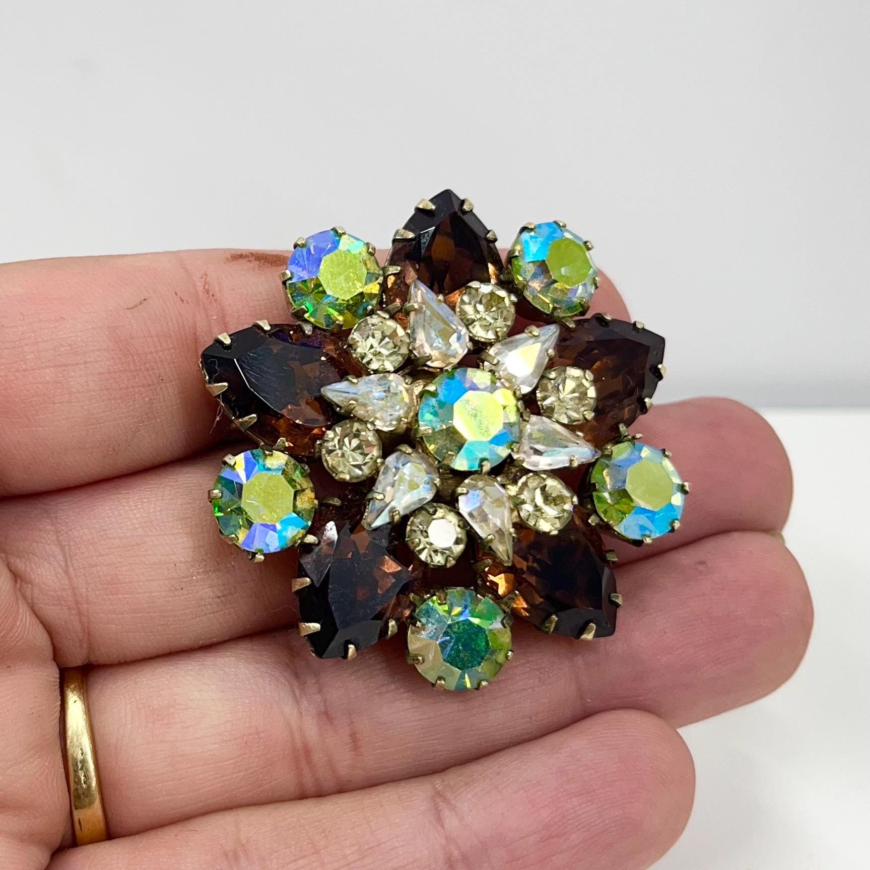 Large Floral Brown & Green Uranium Glass Crystal Flower Brooch Gold Tone Metal with a UV Reactive Glow UV Vintage Statement Jewellery TheGreenGlassGemShop