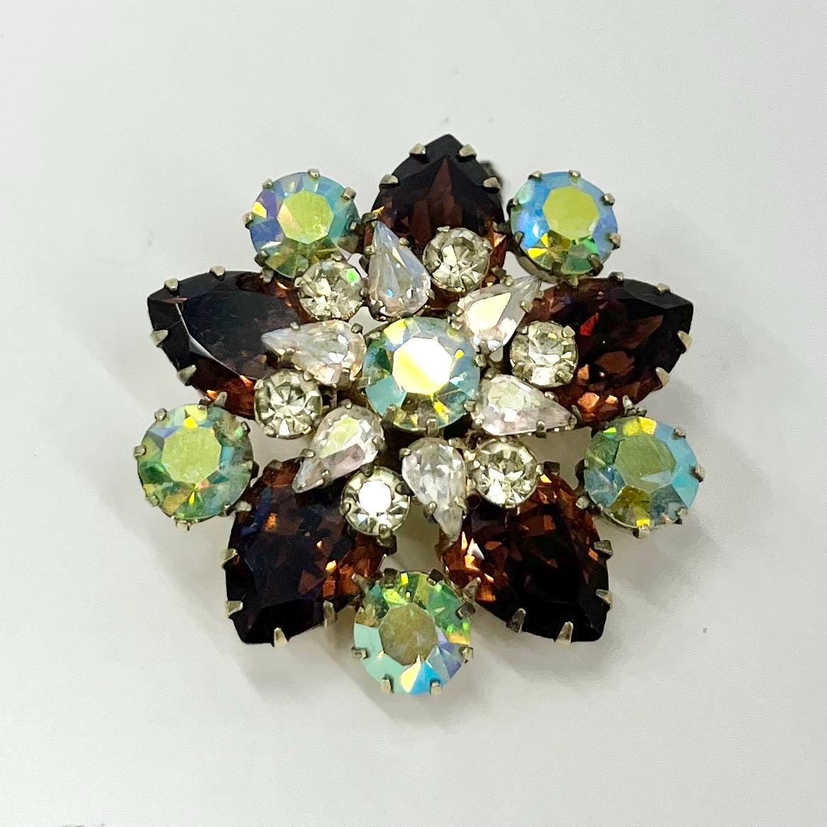 Large Floral Brown & Green Uranium Glass Crystal Flower Brooch Gold Tone Metal with a UV Reactive Glow UV Vintage Statement Jewellery TheGreenGlassGemShop