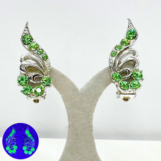 Vintage Green Uranium Crystal Silver Tone Scolled Swirl Design Clip On Earrings UV Reactive Glowing Statement Jewellery TheGreenGlassGemShop