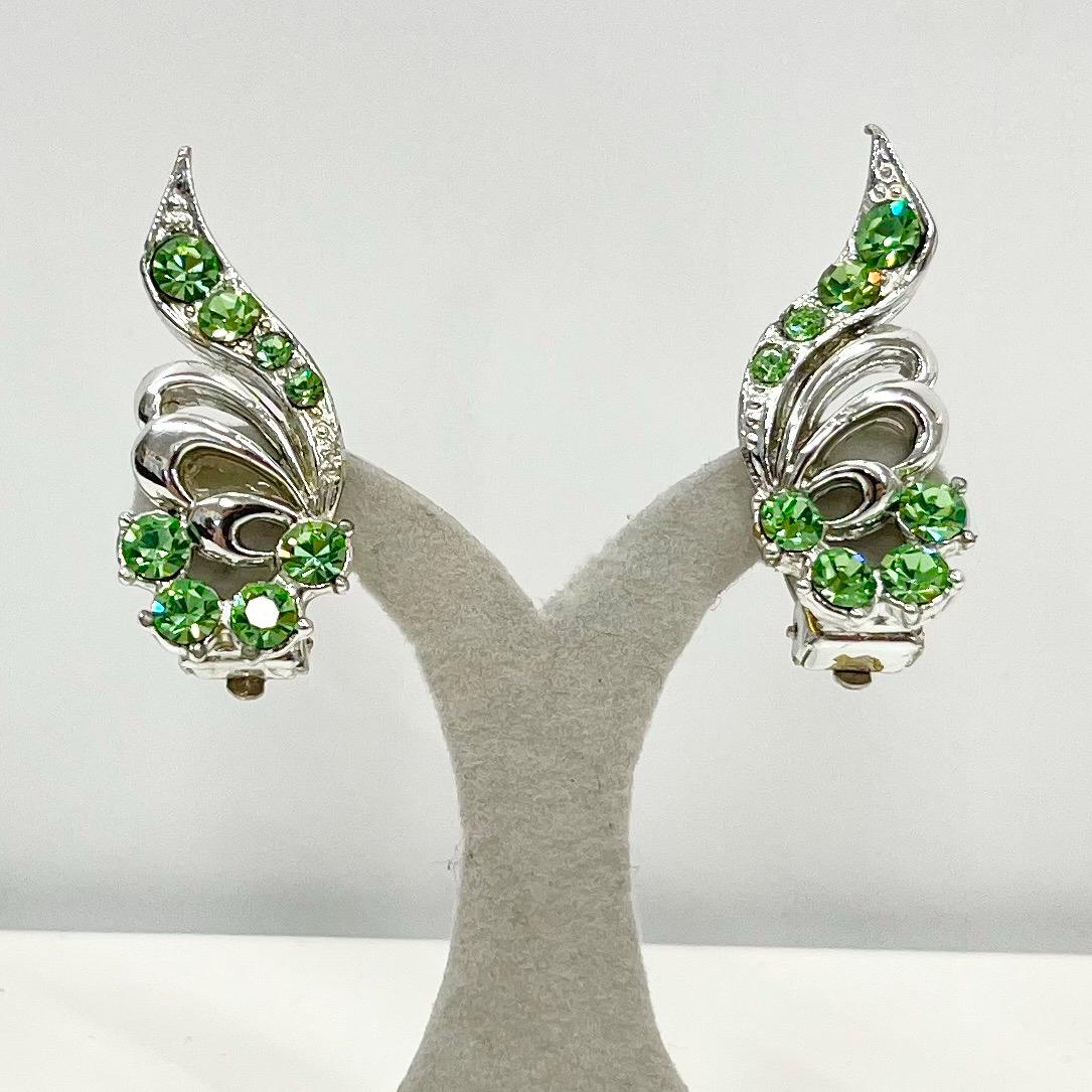 Vintage Green Uranium Crystal Silver Tone Scolled Swirl Design Clip On Earrings UV Reactive Glowing Statement Jewellery TheGreenGlassGemShop