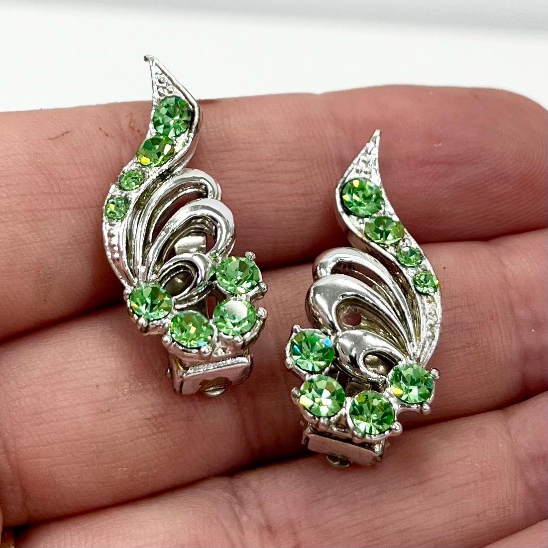 Vintage Green Uranium Crystal Silver Tone Scolled Swirl Design Clip On Earrings UV Reactive Glowing Statement Jewellery TheGreenGlassGemShop