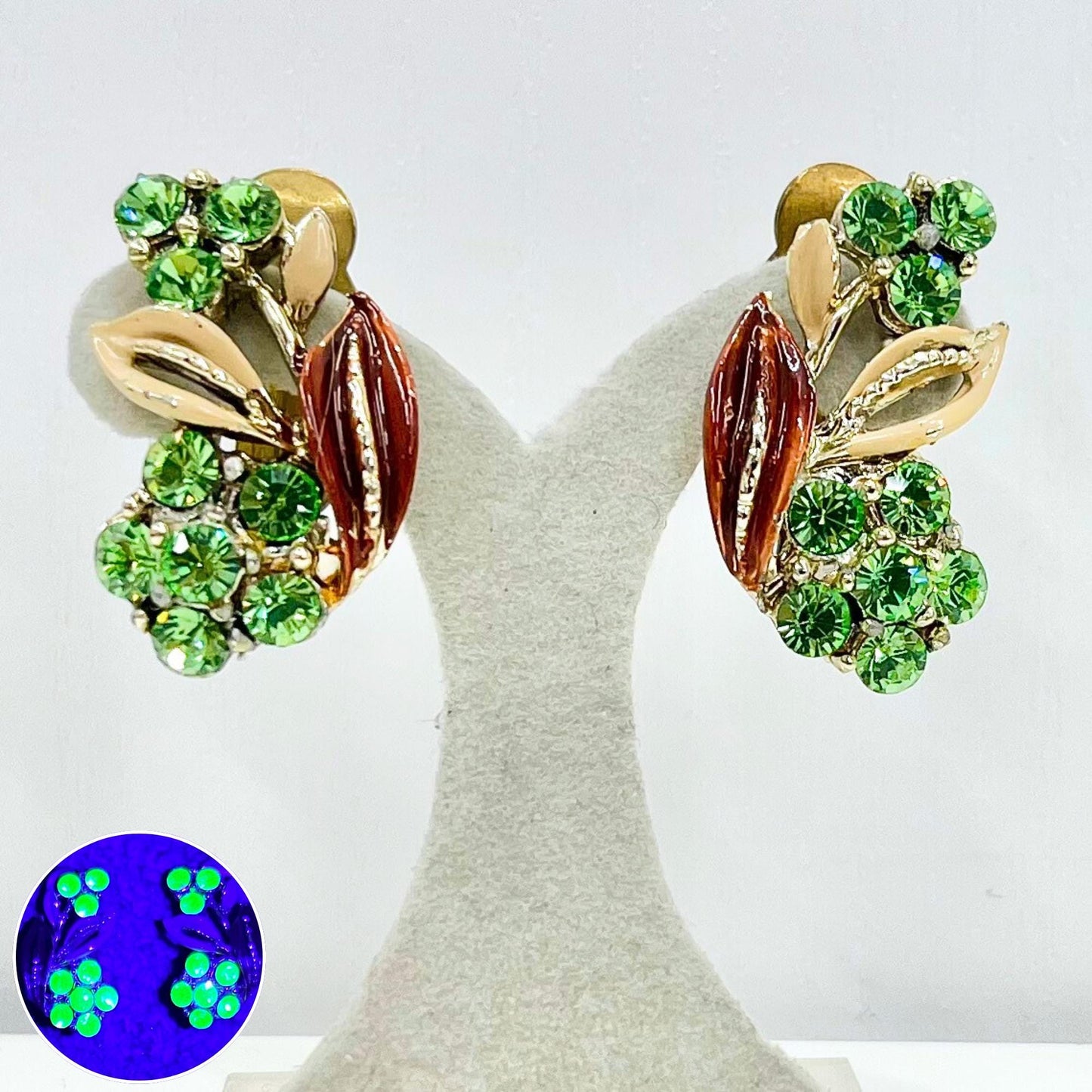 Vintage Green Uranium Crystal Gold Tone Flower Clip On Earrings with Enamel Accents UV Reactive Glowing Statement Jewellery TheGreenGlassGemShop