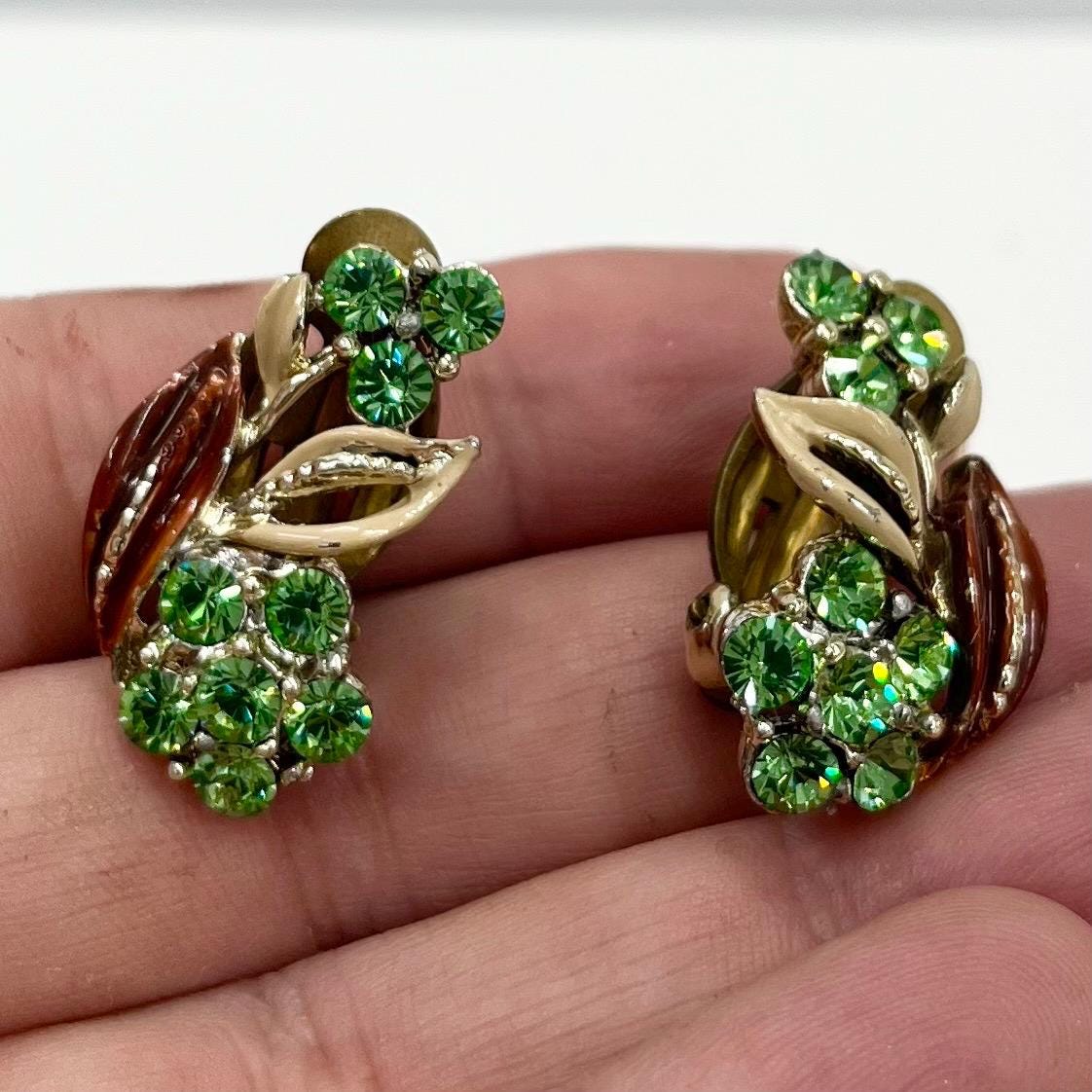 Vintage Green Uranium Crystal Gold Tone Flower Clip On Earrings with Enamel Accents UV Reactive Glowing Statement Jewellery TheGreenGlassGemShop