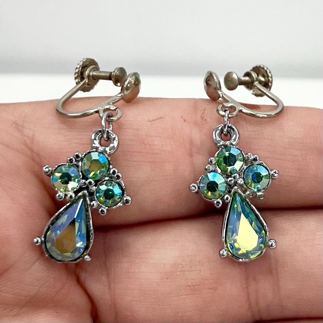 Vintage Teardrop Aurora Borealis Green Uranium Crystal Silver Tone Scolled Screw Back Clip On Earrings UV Reactive Statement Jewellery TheGreenGlassGemShop